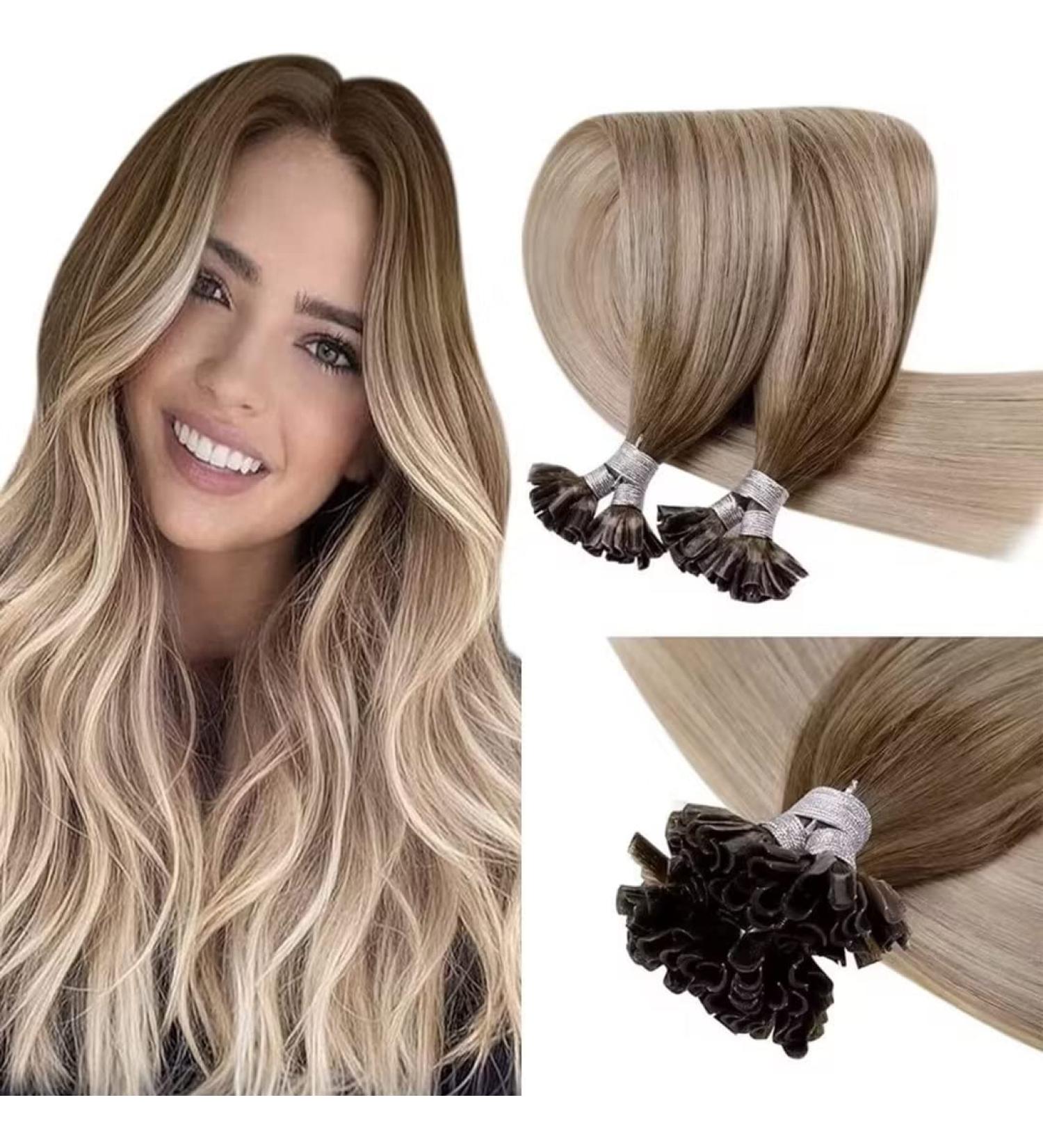 LAAVOO U Tip Extension - Real Hair Ombre Blond Keratin Bonding Extensions | Light Brown Balayage & Ash Blond | Pre-Bonded 50g 40cm | #8/18/60 - Buy Online on GoSupps.com
