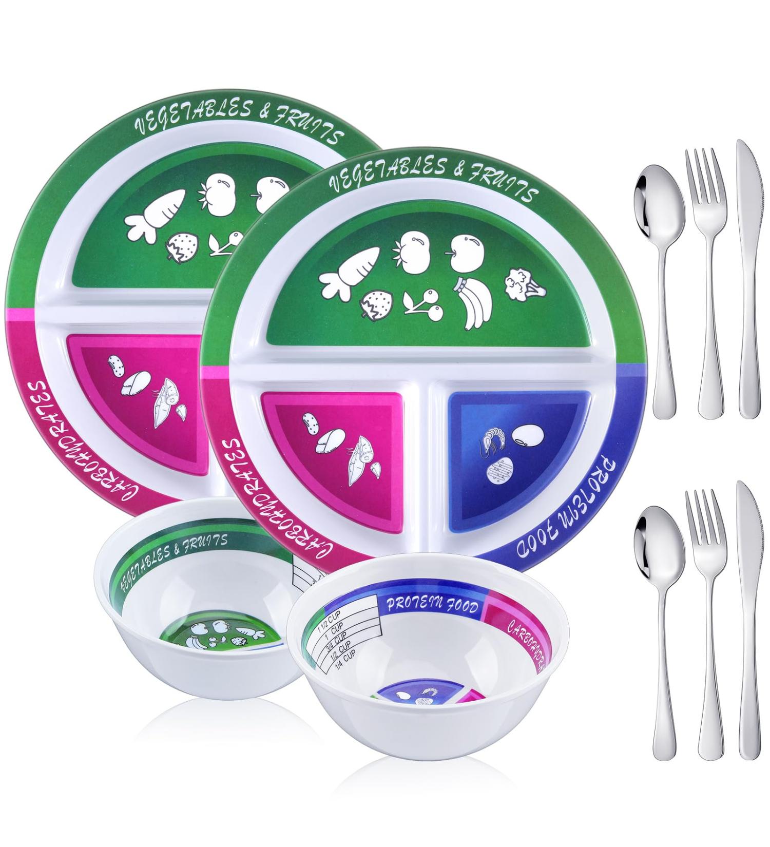 4-Piece Portion Control Plate Set | Divided Diet Plates & Bowls with Stainless Steel Silverware for Weight Loss & Balanced Eating - Buy Online on GoSupps.com