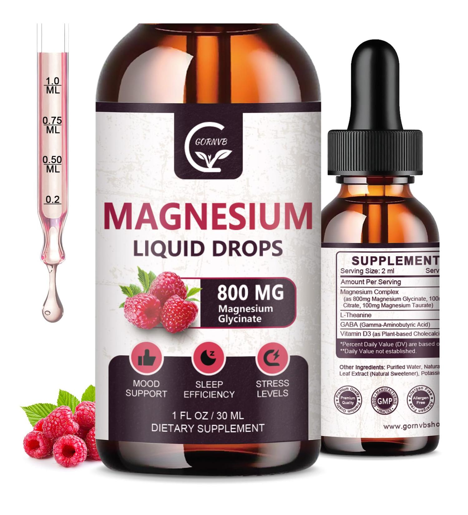 (2 Pack) Magnesium Glycinate Liquid Drops | 1000mg Liquid Magnesium Complex with D3 L-Thea & GABA for Energy Sleep Nerve and Heart Health High Absorption Raspberry Flavor - Buy Online on GoSupps.com