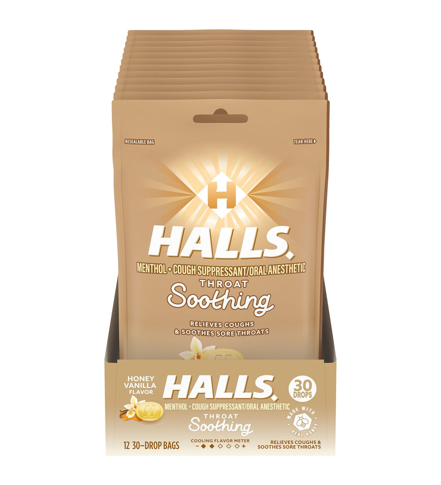 HALLS Throat Soothing Honey Vanilla Cough Drops - 12 Bags (360 Drops) - Buy Online on GoSupps.com