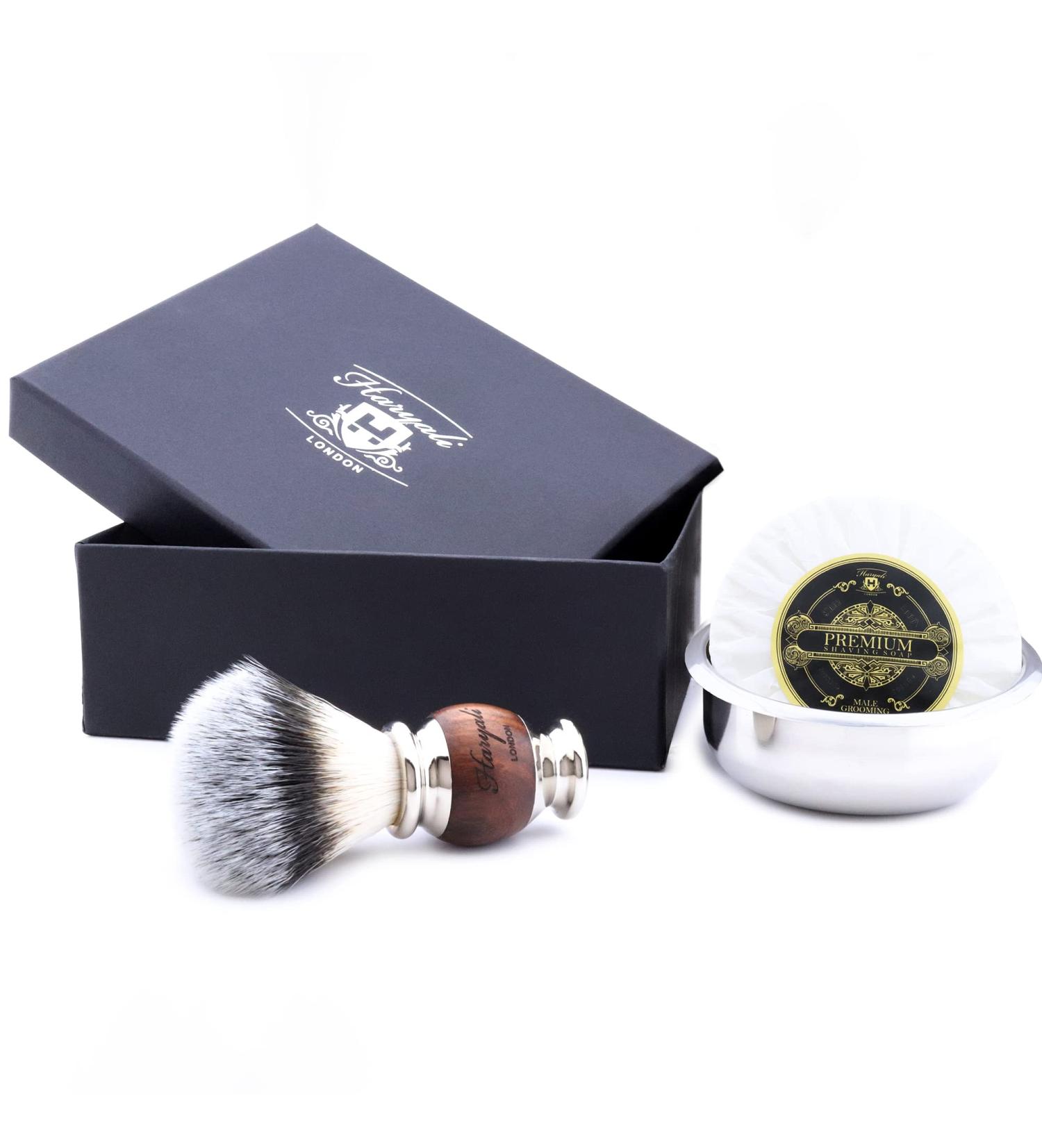 Haryali London Vegan Shaving Brush Set - Stainless Steel Bowl Wood & Metal Razor Shaving Soap - Eco-Friendly Grooming Essentials - Buy Online on GoSupps.com