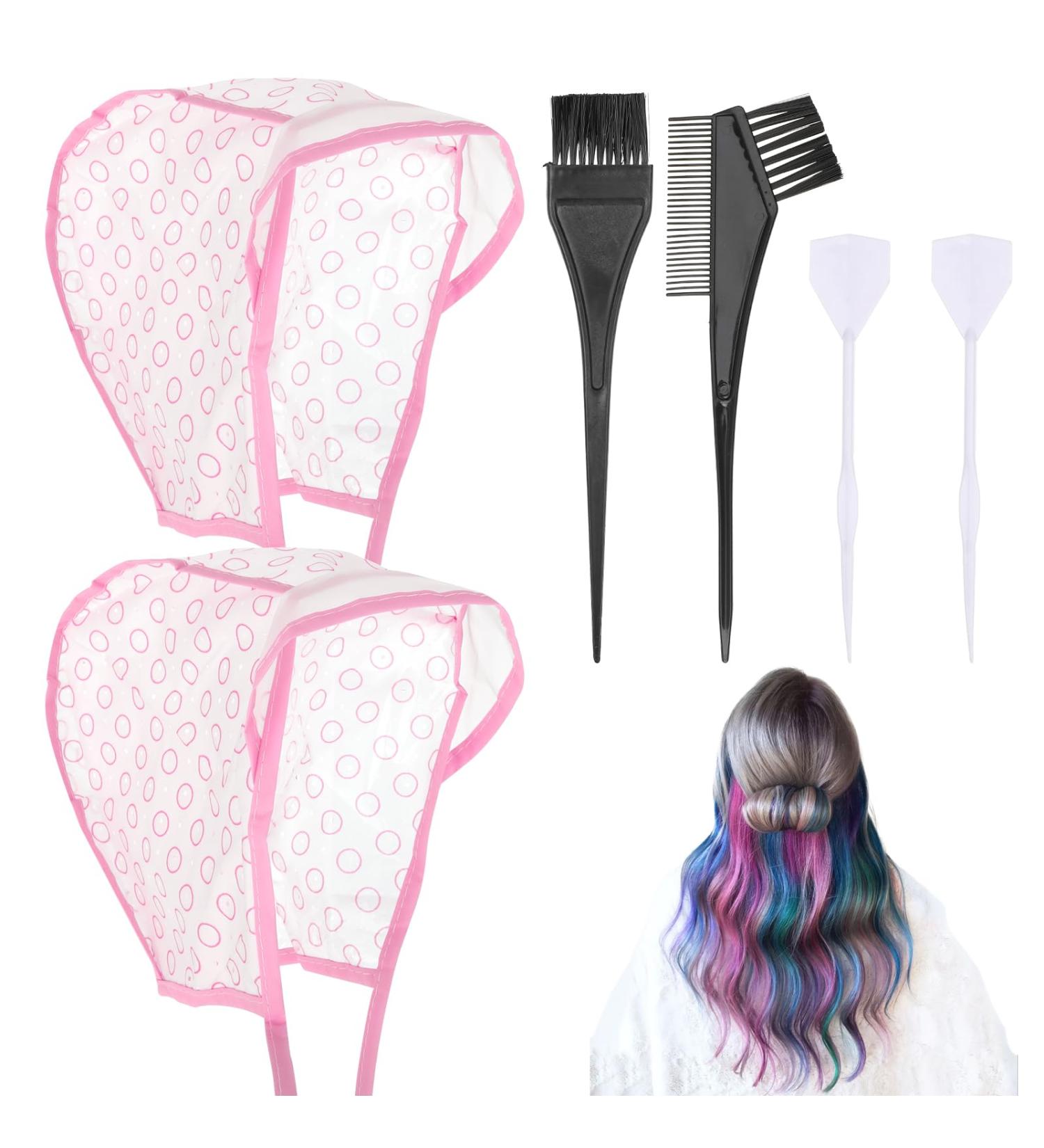 Bewudy 2 Sets of Hair Coloring Kits Hair Highlighting Caps Hair Dye Cap Disposable Hair Art Frosting Cap with Plastic Crochet Hook and Hair Dye Brushes for Salon Hair Dyeing Hairdressing (Pink) - Buy Online on GoSupps.com