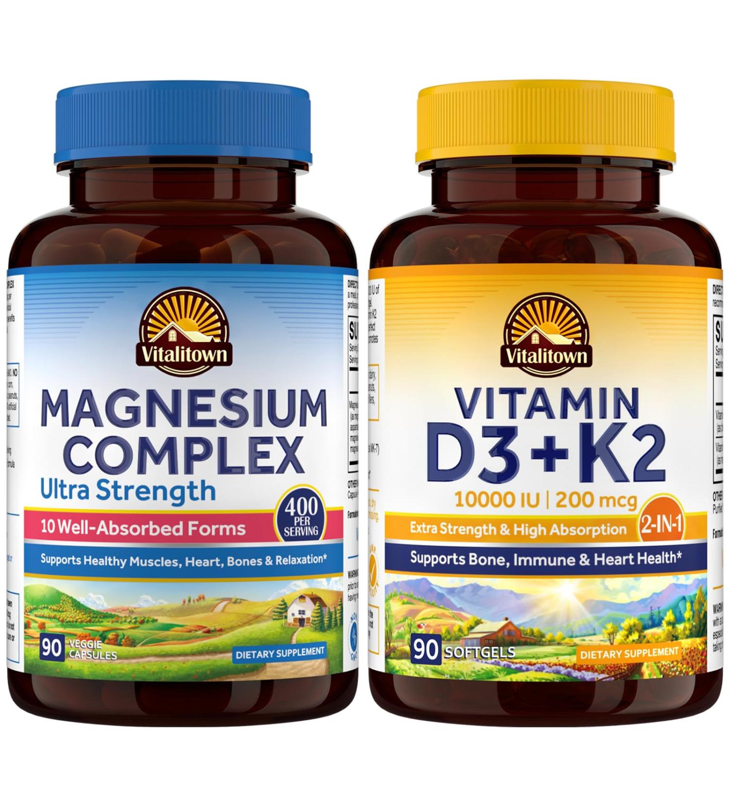 Vitalitown Ultra Magnesium & Vitamin D3 K2 Bundle (Pack of 2) | 10 in 1 Magnesium Complex & 10000 IU D3 MK-7 | for Bone Muscle Heart Sleep Teeth & Immune| 90 Mag Capsules & 90 D3 Softgels - Buy Online on GoSupps.com