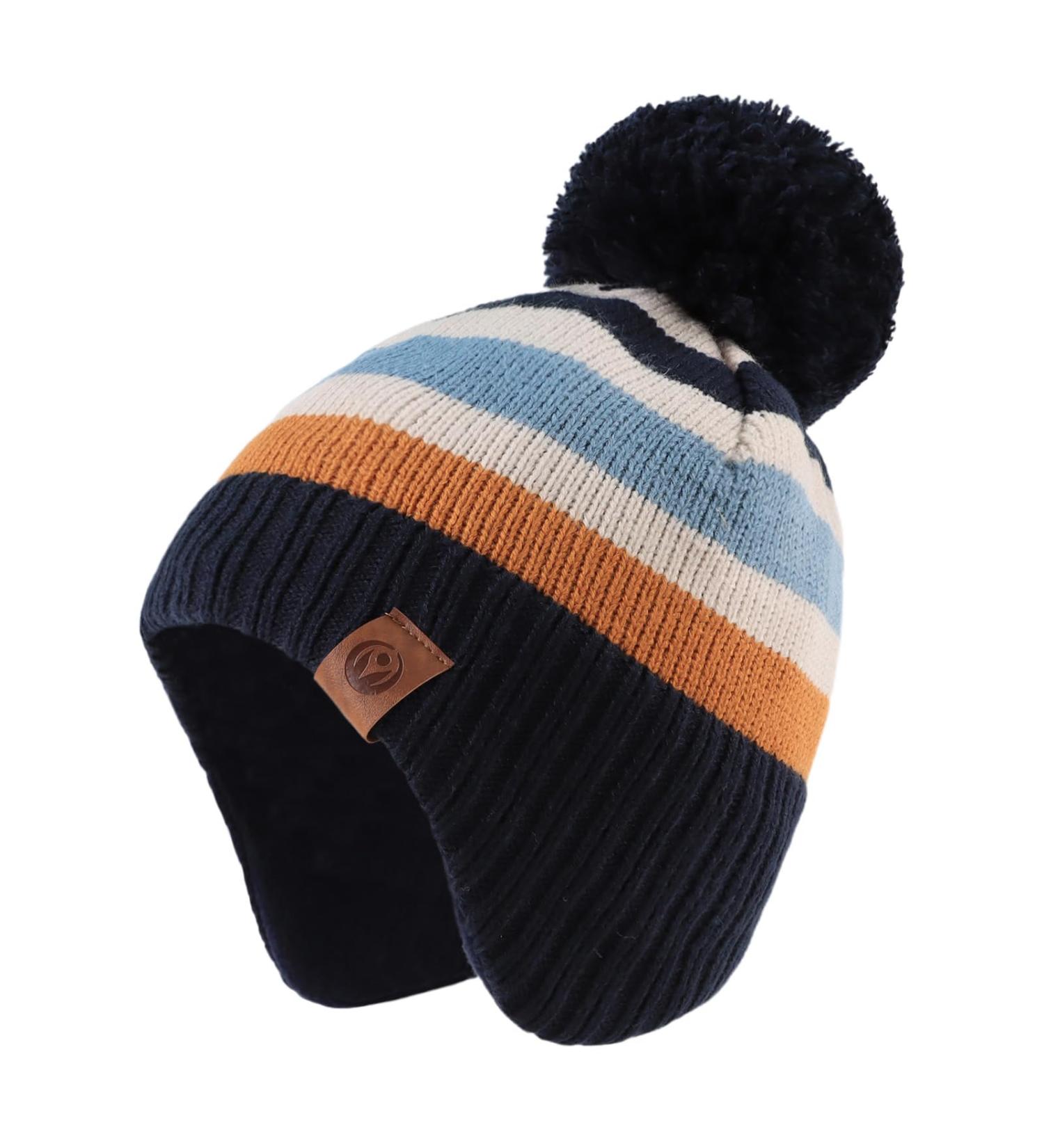 XIAOHAWANG Knitted Baby Hat with Fleece Lining and Pompom | Navy Striped Toddler Kids Beanie 9-24 Months - Buy Online on GoSupps.com