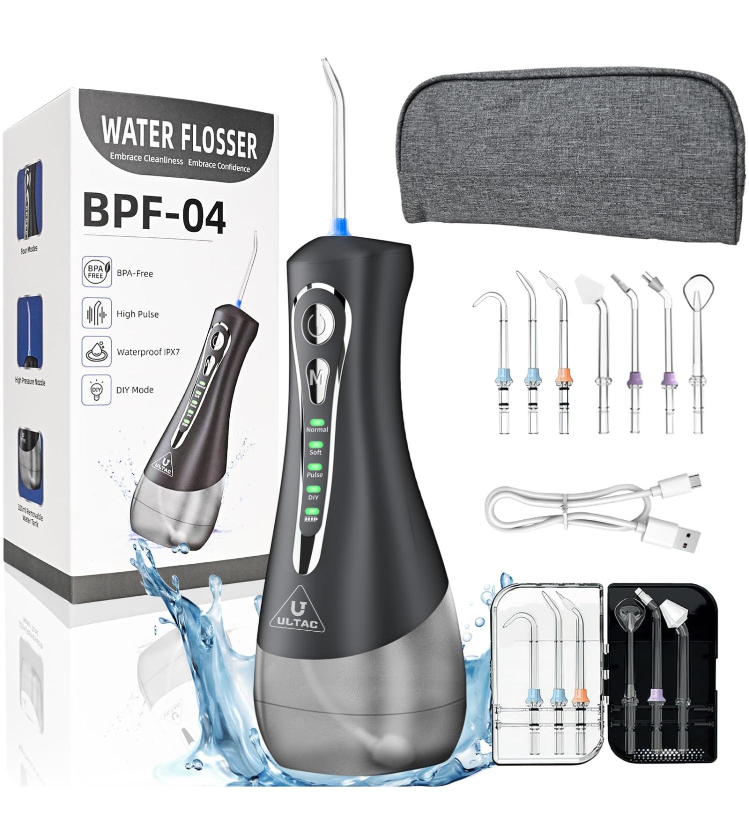 Water Dental Flosser with 7 Tips - Portable Rechargeable Oral Irrigator | IPX7 Waterproof 4 Modes | Travel-Friendly 320ml Tank - Black - Buy Online on GoSupps.com