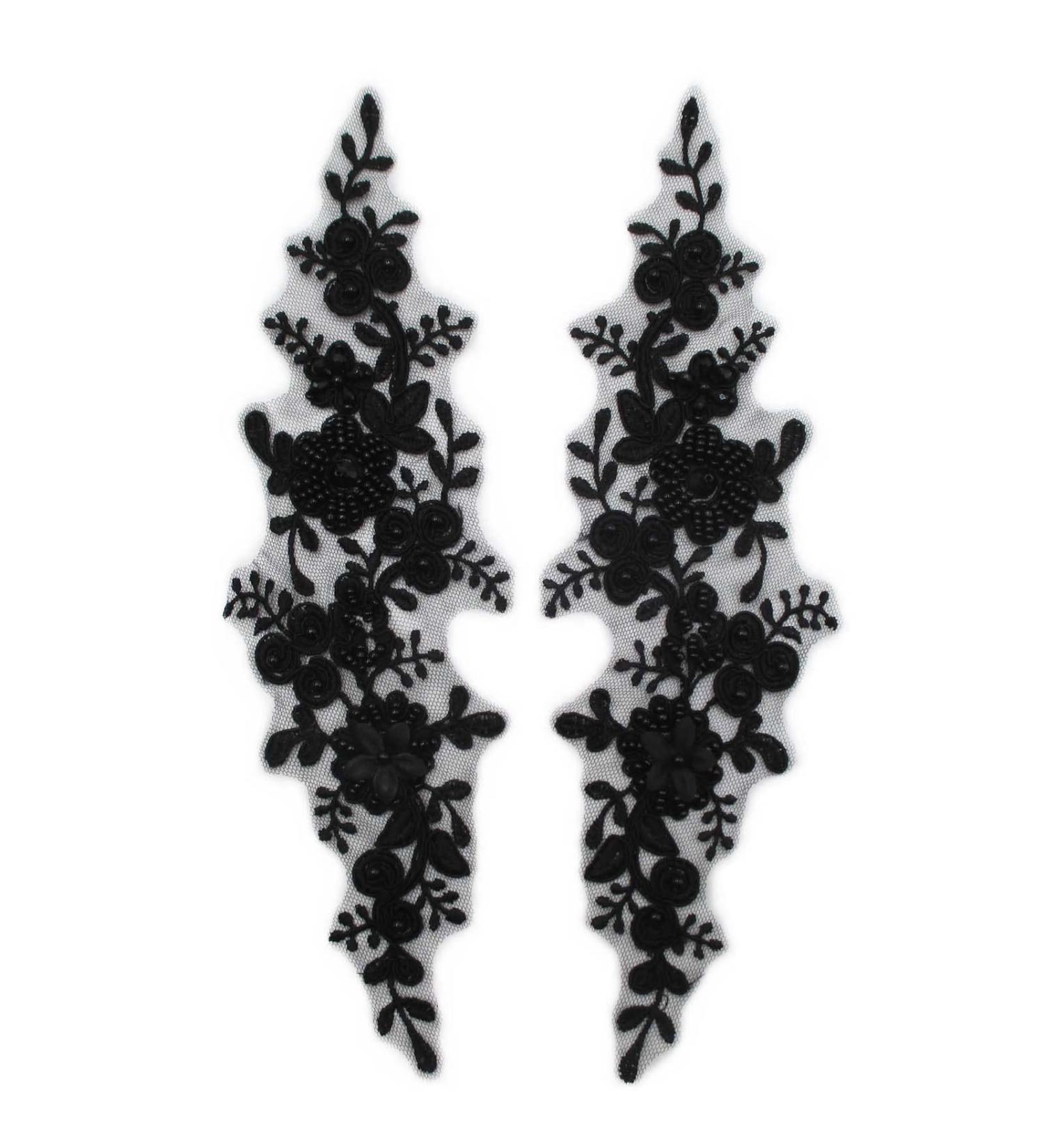 Sequin Crystal Beaded Lace Flowers Appliques Pair - Black - Buy Online on GoSupps.com