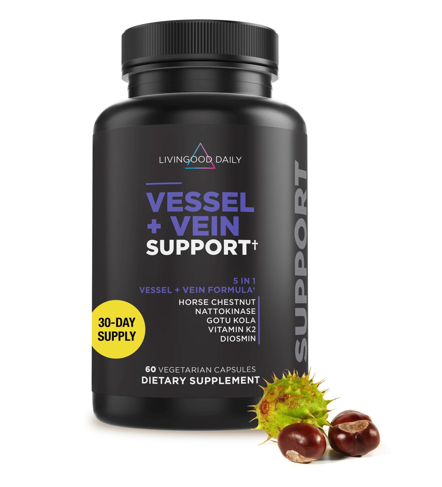 Livingood Daily Vessel & Vein Support Circulation & Vein Support Supplement with Diosmin Horse Chestnut Nattokinase Gotu Kola & Vitamin K2 Vascular & Vein Health Formula Gluten Free 60 Capsules - Buy Online on GoSupps.com