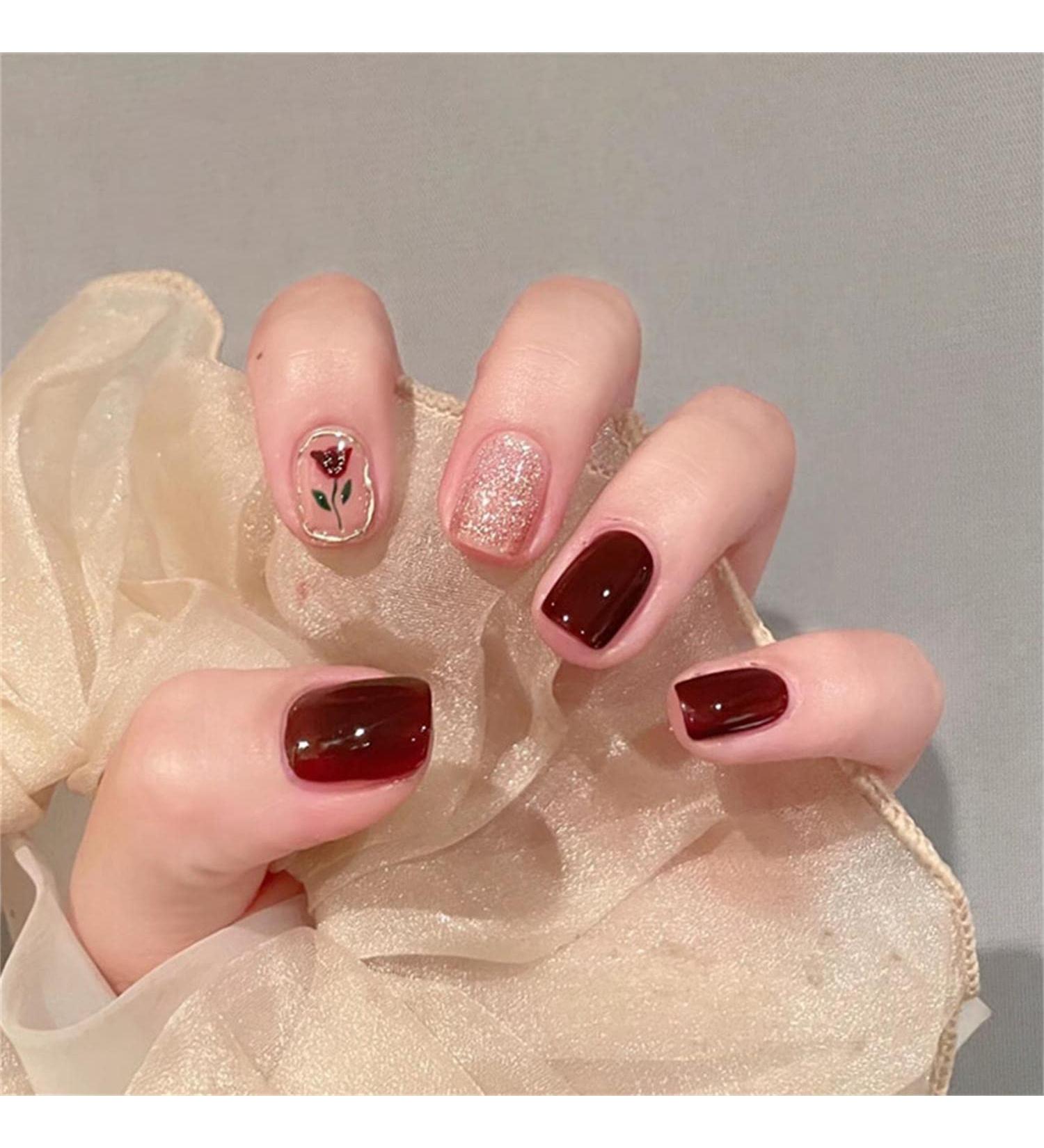 Press on Nails Short Fake Nails 24Pcs Shiny Burgundy Colour False fingernail with Self-Adhesive Jelly Nail Glue Tabs Press On False Nails - Buy Online on GoSupps.com