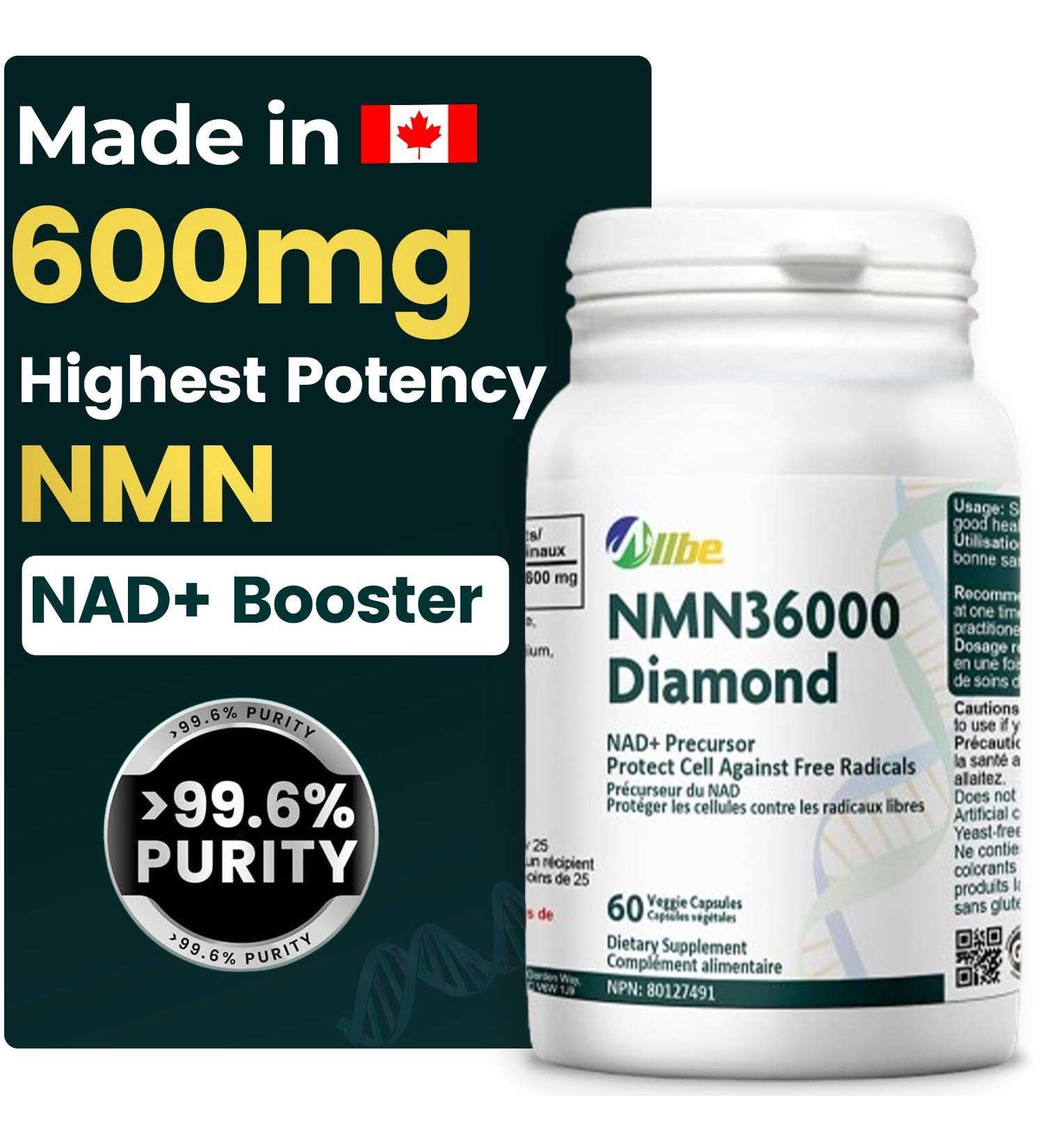 ALLBE NMN Capsules 600mg - Highest Potency Available - Premium Supplement - Cellular Health - Boost NAD+ Supports Longevity - 100% Pure NMN Supplement Canada - Fast Absorption - 60ct 60 count (Pack of 1) Nmn 36000 (600mg) - Buy Online on GoSupps.com