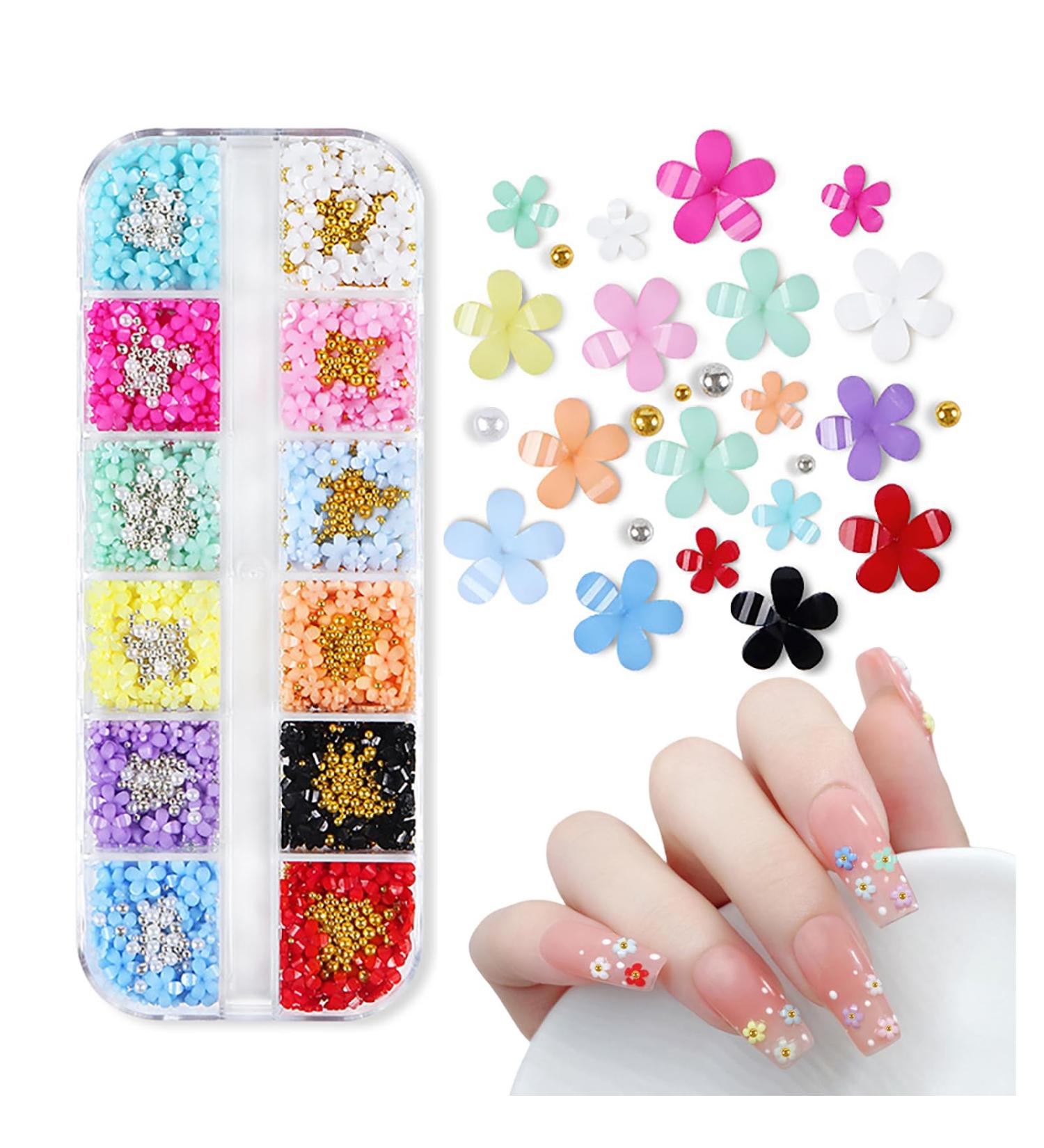 3D Flower Nail Charms- 12 Grids Acrylic Resin Blossom Nail Art Rhinestone with Pearls Gold Silver Beads Flower Gel Nails Decorations for Women Girls Manicure DIY Supplies - Buy Online on GoSupps.com