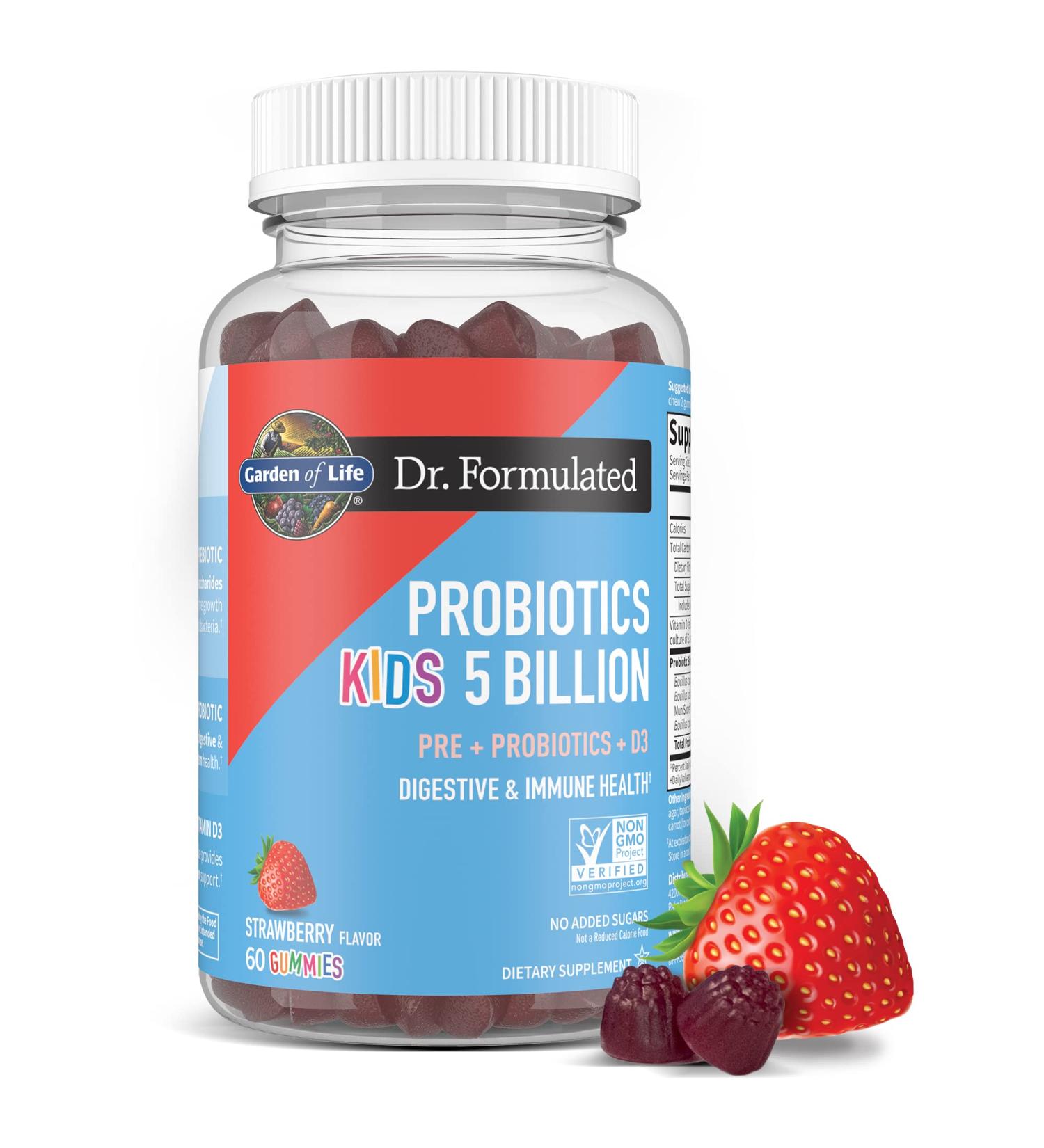 Garden of Life Kids Probiotic & Prebiotic Fiber Gummies with Vitamin D3 - 60ct, Strawberry Flavor | Digestive & Immune Health | Gluten Free & Non GMO - Buy Online on GoSupps.com