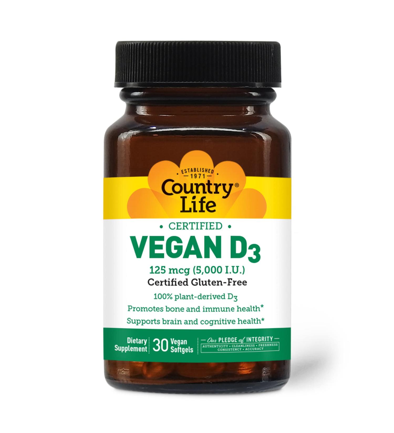 Country Life Vegan D3 5000 IU Plant-Derived Vitamin D3 from Lichen High Potency Immune & Bone Support Certified Vegan Gluten-Free Non-GMO 30 Softgels - Buy Online on GoSupps.com