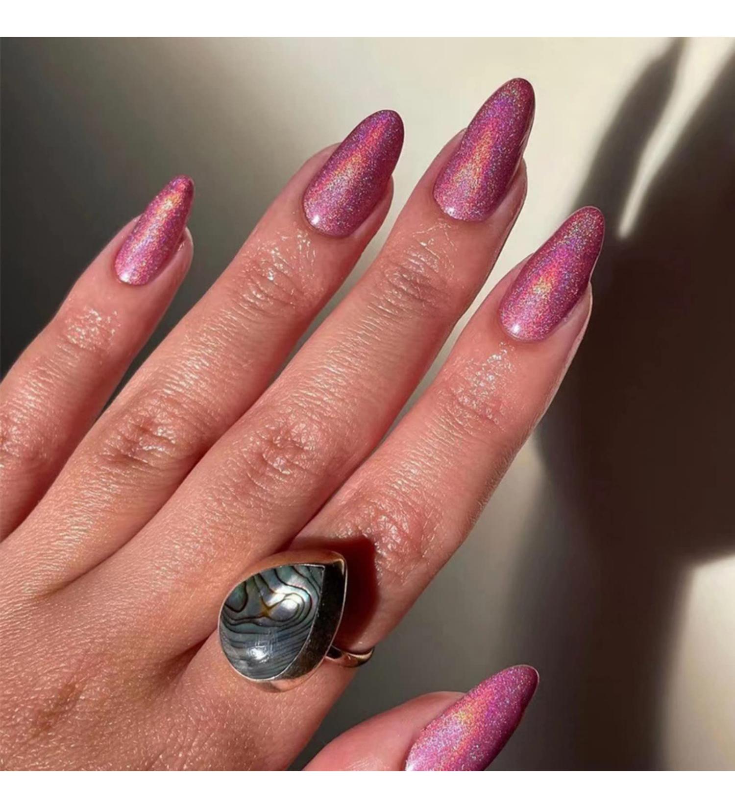Justotry 24-Piece Glitter Hot Pink French Almond Press-On Nails | Glossy Oval Artificial Acrylic Fingernails for Women - Buy Online on GoSupps.com