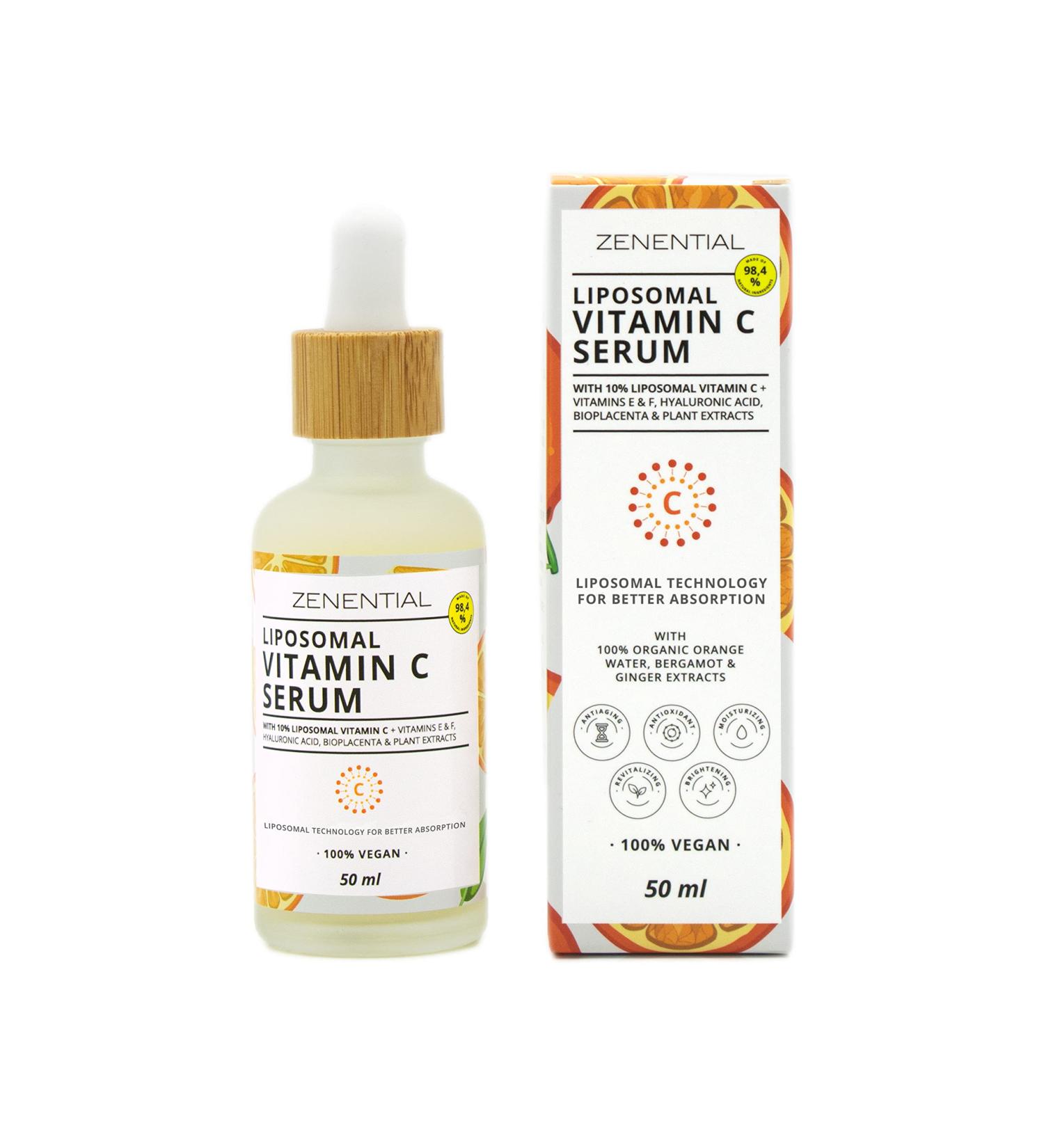 Zenential | Face Serum 10% Liposomal Vitamin C + Vitamins E and F Hyaluronic Acid and Bioplacenta | 50ml Capsules | Anti-aging Anti-wrinkle Anti-spot Moisturizing | 98.4% Natural Vegan - Buy Online on GoSupps.com