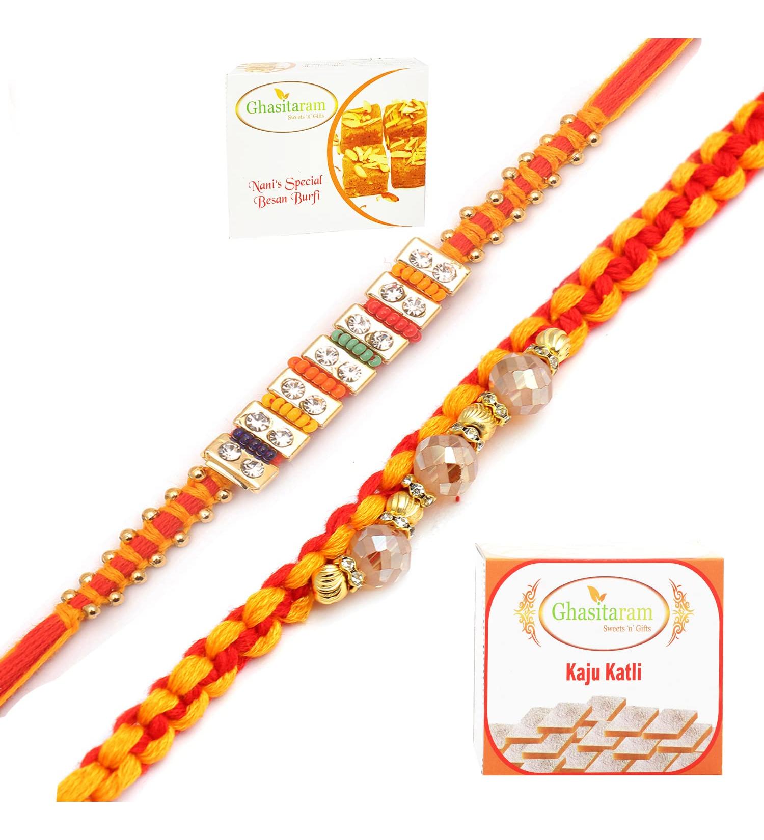 Ghasitaram Gifts Rakhi for Brother Rakhis Online - Set of 2 Glittering Thread and Multicolour Stone Premium Rakhis with 200 GMS of Besan Barfi and 200 GMS of Kaju Katli - Buy Online on GoSupps.com
