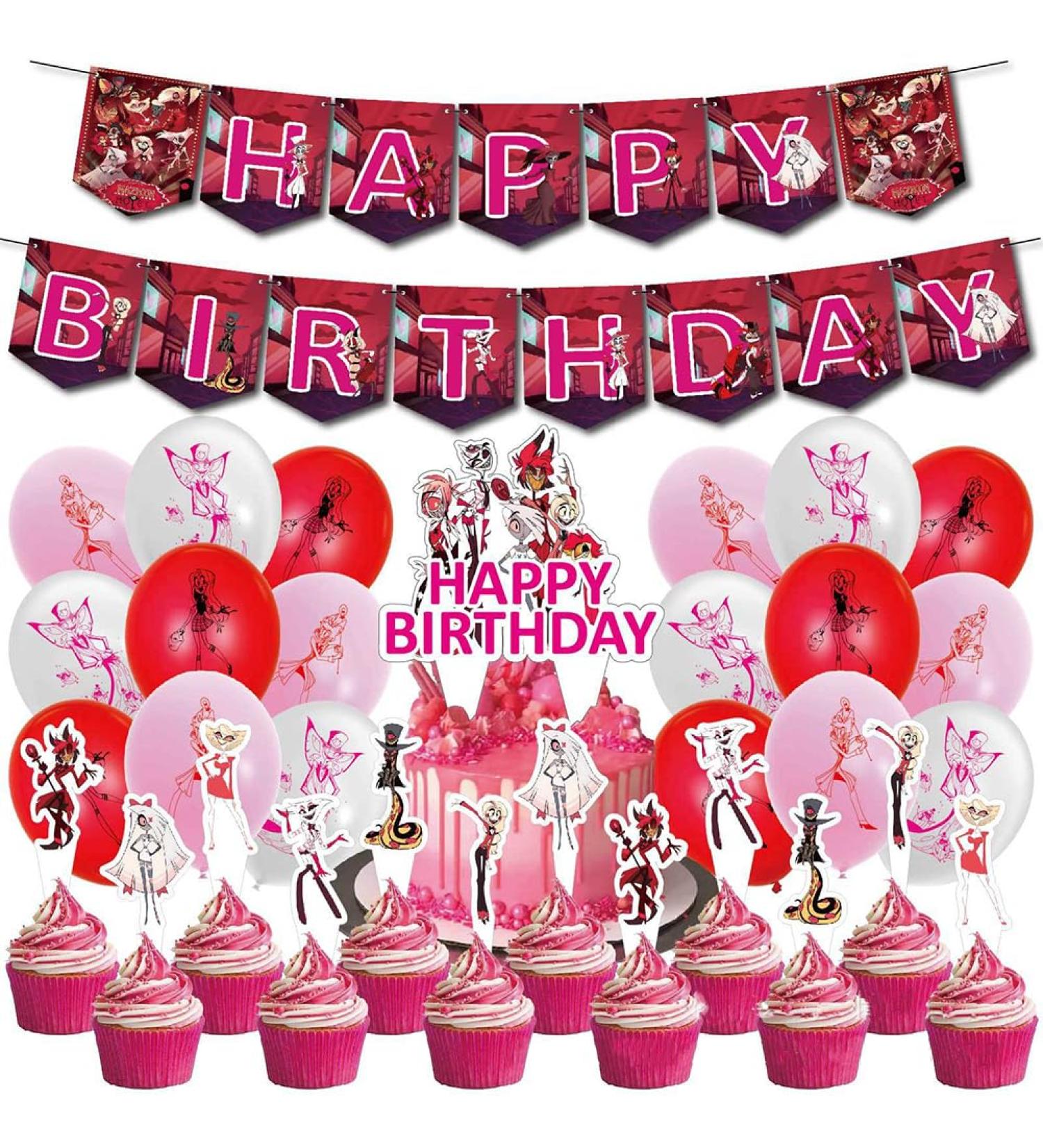 Zhongkaihua Hazbin Hotel Party Decorations Birthday Cake Decoration Supplies Set Includes Happy Birthday Banner Cake Topper Cupcake Toppers Balloons 32 pcs Type1 - Buy Online on GoSupps.com