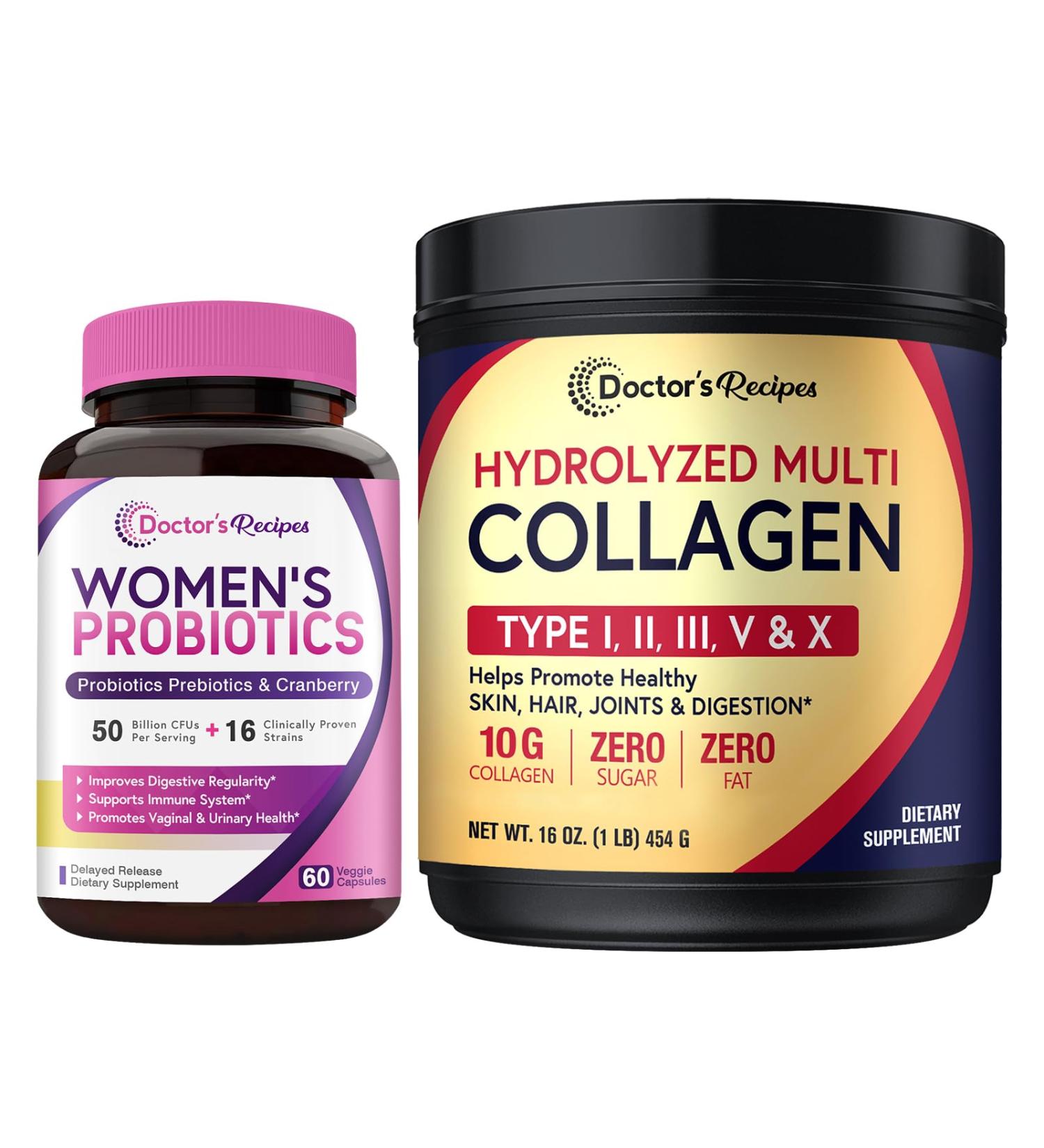 Doctor's Recipes Women s Probiotics & Multi Collagen Powder Bundle Value Pack for Vaginal Skin Hair Nail Health No Gluten Pro (60 Capsules) & Collagen (45 Servings) - Buy Online on GoSupps.com