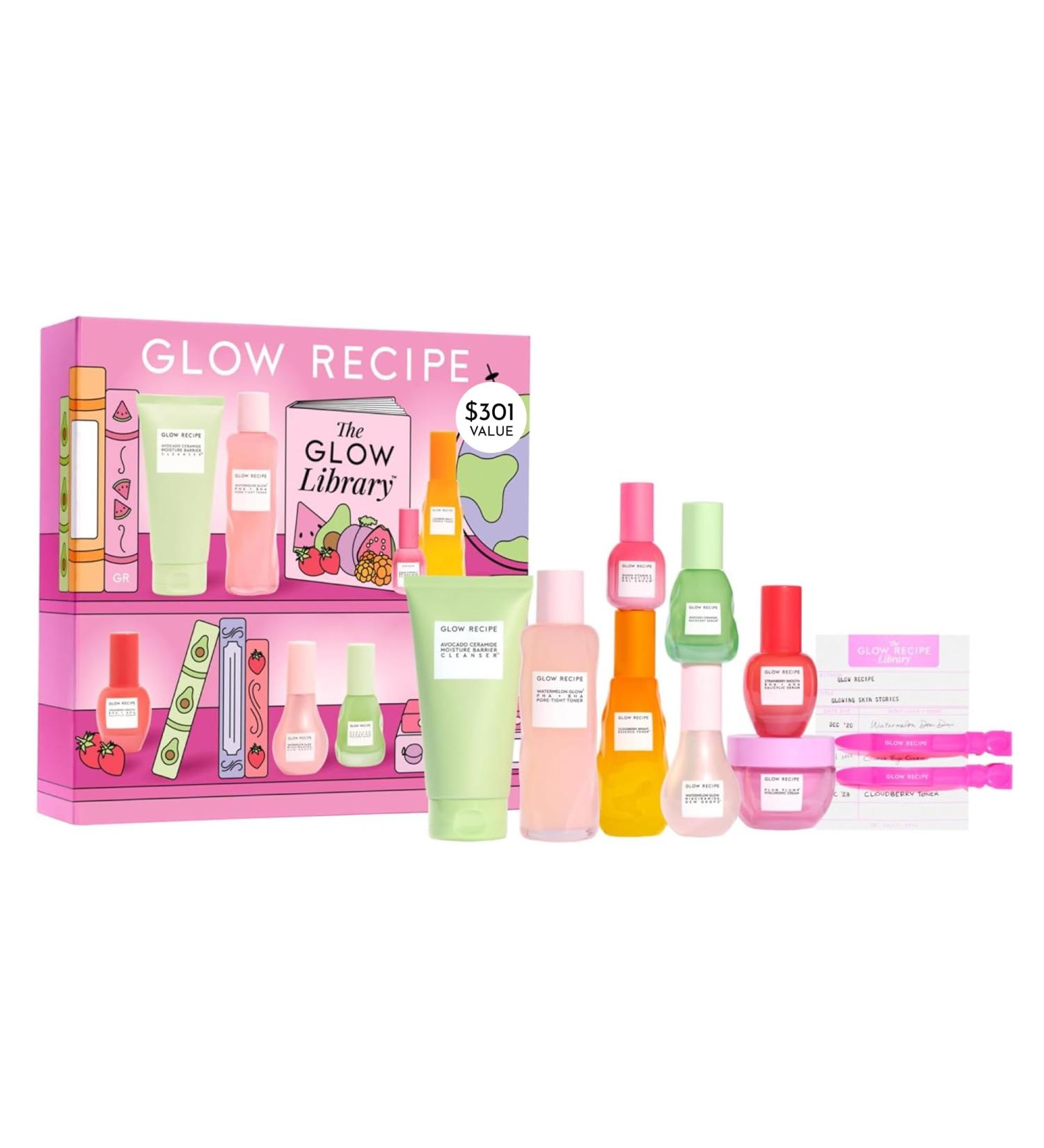 Glow Recipe Library Skincare Gift Set - Avocado Face Wash + Face Serum + Facial Toner + Guava Eye Cream + Hyaluronic Acid Moisturizer + Dew Drops + Strawberry Smooth Serum + 2 Hair Clips (10 Count) - Buy Online on GoSupps.com