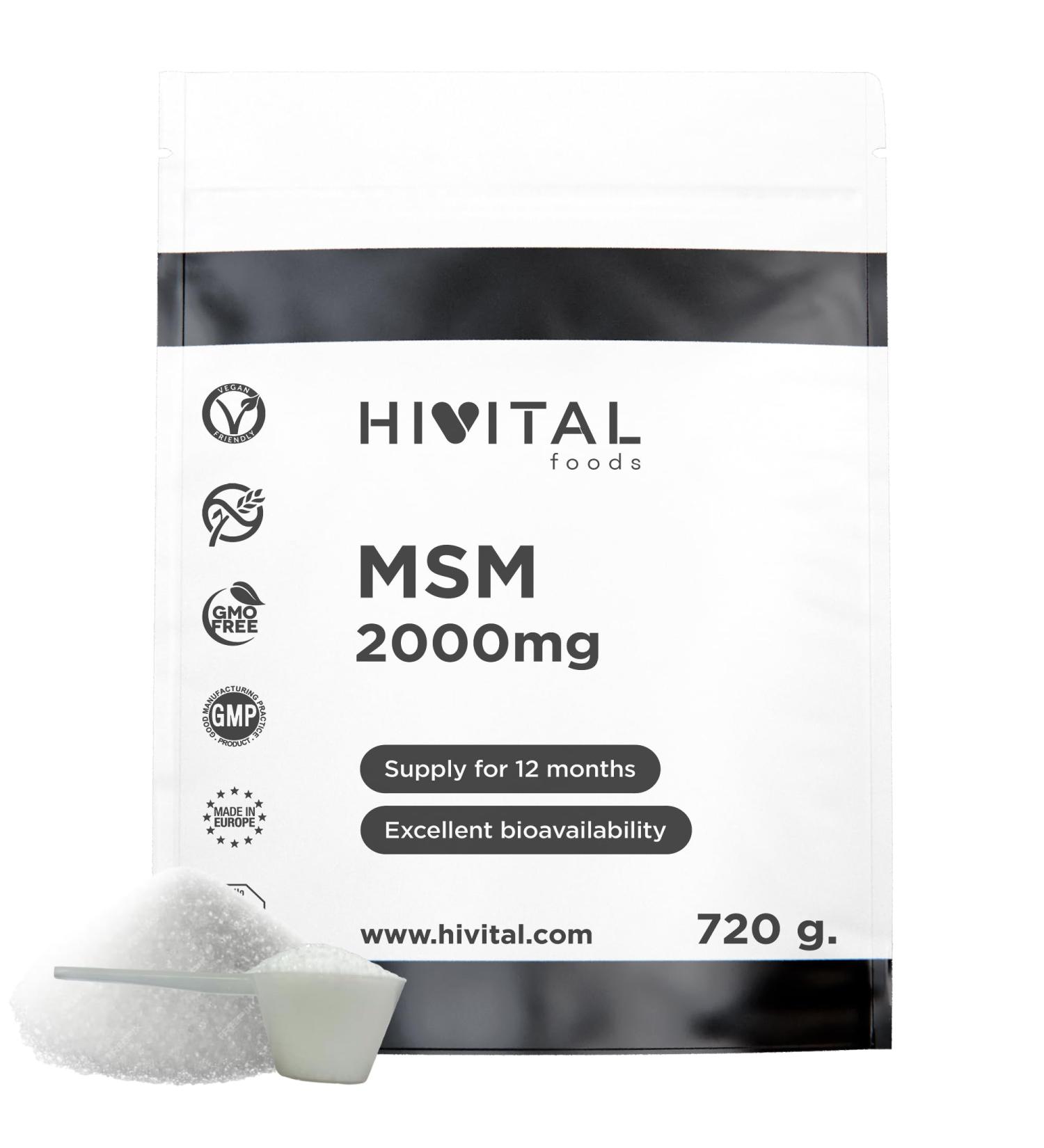 MSM 2000 mg. Paquet de 720 g. pour 1 an de traitement. M thylsulfonylm thane 100% V g talien. Pour la sant des articulations des cartilages des os la peau les cheveux et les ongles. Par HIVITAL - Buy Online on GoSupps.com