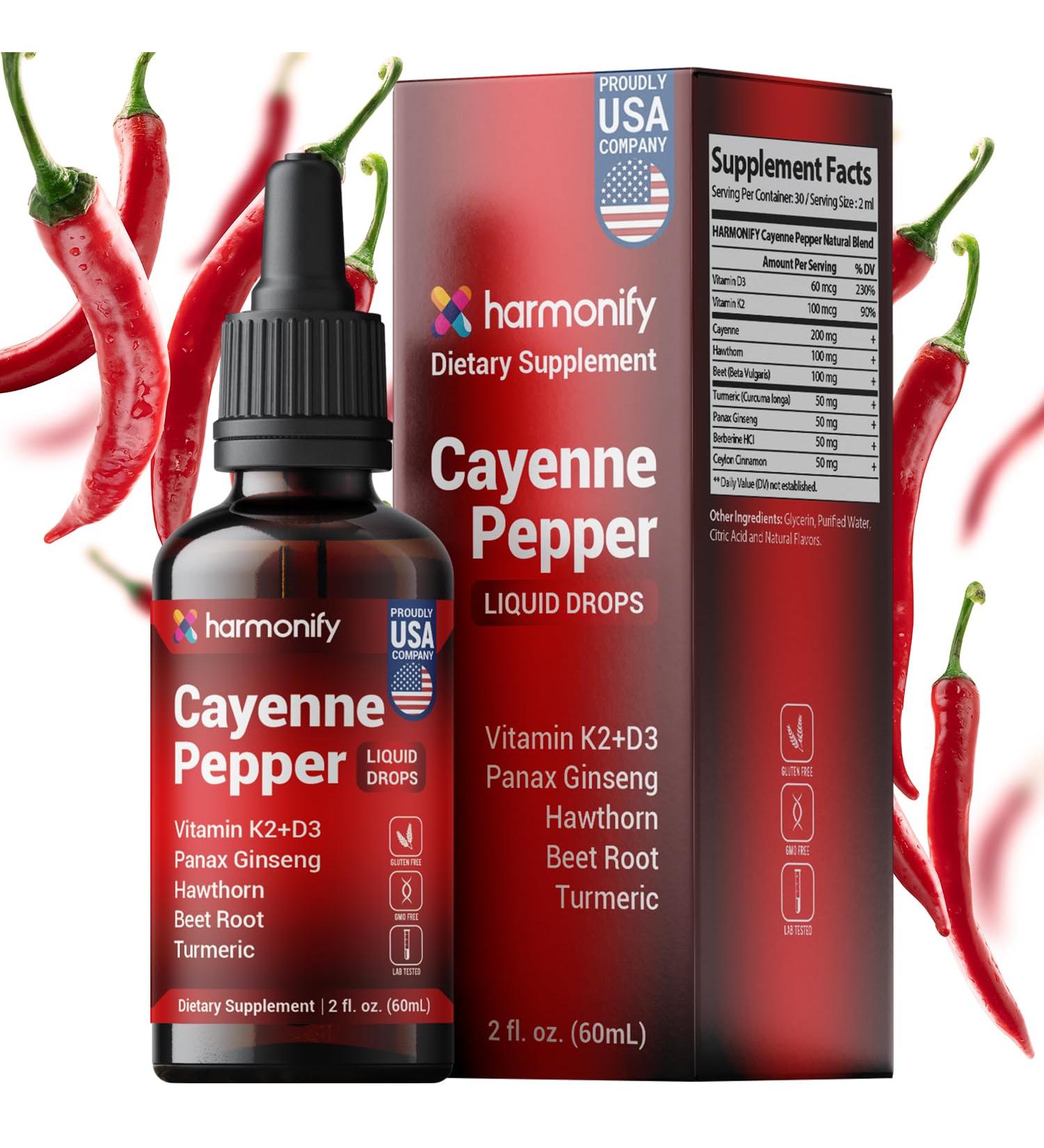 HARMONIFY Cayenne Pepper Liquid Drops with Vitamin D3 & K2 Hawthorn Beet Root Turmeric Panax Ginseng Berberine & Ceylon Cinnamon - Quality Supplement for Daily Wellness - 2 fl oz (60mL) - Buy Online on GoSupps.com
