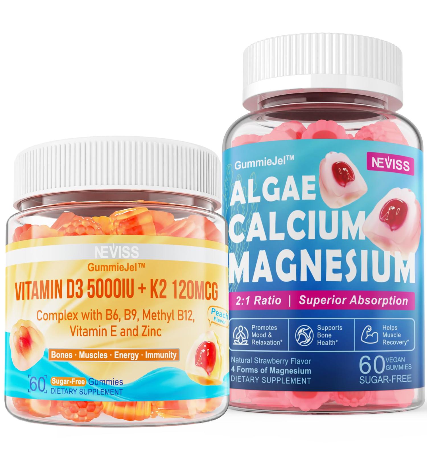 NEVISS Vitamin D3 5000IU + K2 (MK-7) 120mcg + Calcium Supplement 600mg Algae Calcium Magnesium 2:1 - Buy Online on GoSupps.com