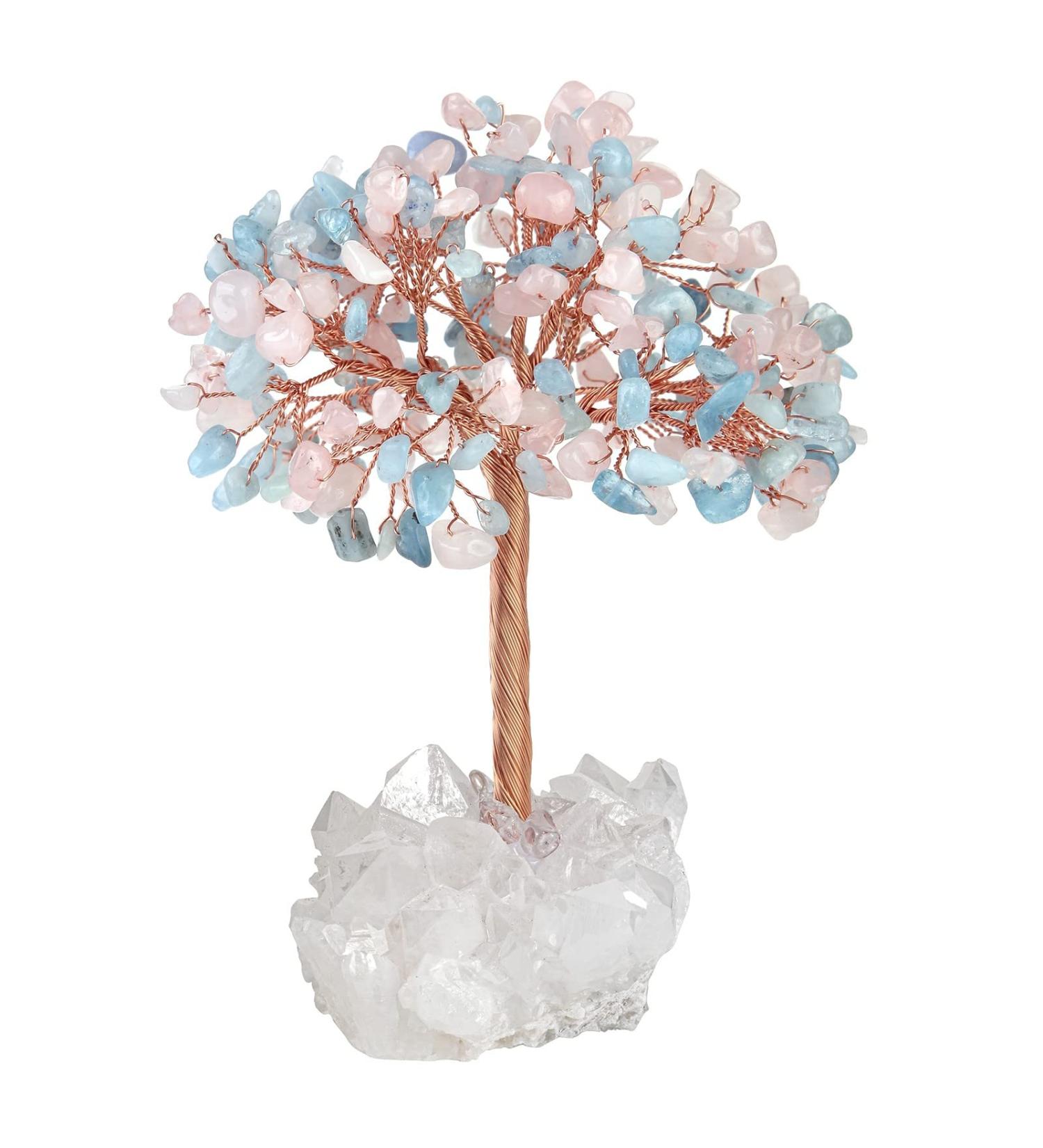 Kyeygwo Rose Quartz & Aquamarine Healing Crystal Money Tree - Feng Shui Gemstone Tree Ornament for Home Decor | Natural Mountain Druse Base - Buy Online on GoSupps.com
