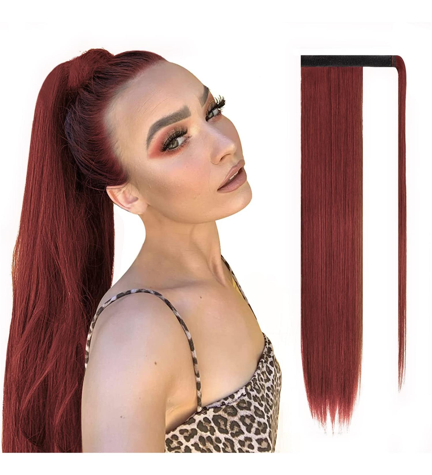 JJstar 70 cm Wine Red Straight Ponytail Hairpiece - Synthetic Hair Extensions for Women & Girls - Buy Online on GoSupps.com