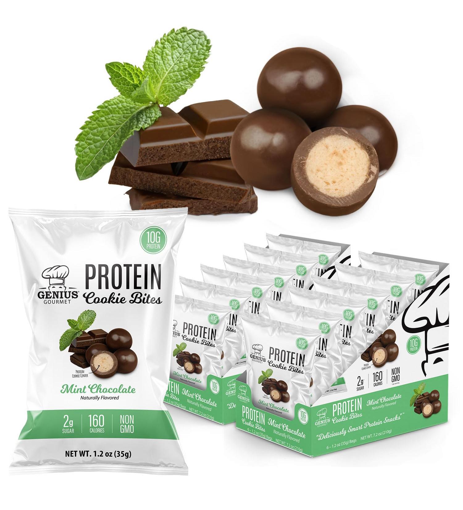 Genius Gourmet Protein Cookie Bites Mint Chocolate - 10g Protein No Added Sugar Low Carb Non-GMO - Sweet Protein Desserts & Protein Snacks for Adults and Kids - 12 Bags - Buy Online on GoSupps.com