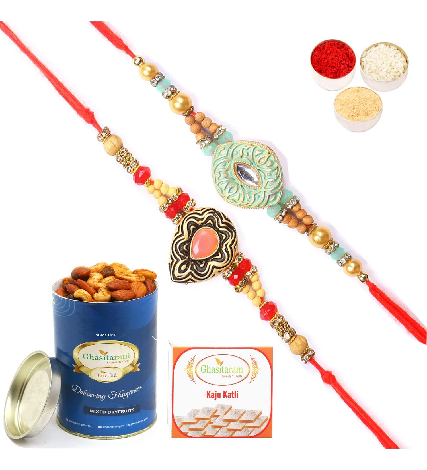 Ghasitaram Gifts Rakhi for Brother Rakhis Online - Set of 2 8469 8487 Premium Rakhis with 100 GMS of Dryfruits Mix Can 200 GMS of Kaju katli - Buy Online on GoSupps.com