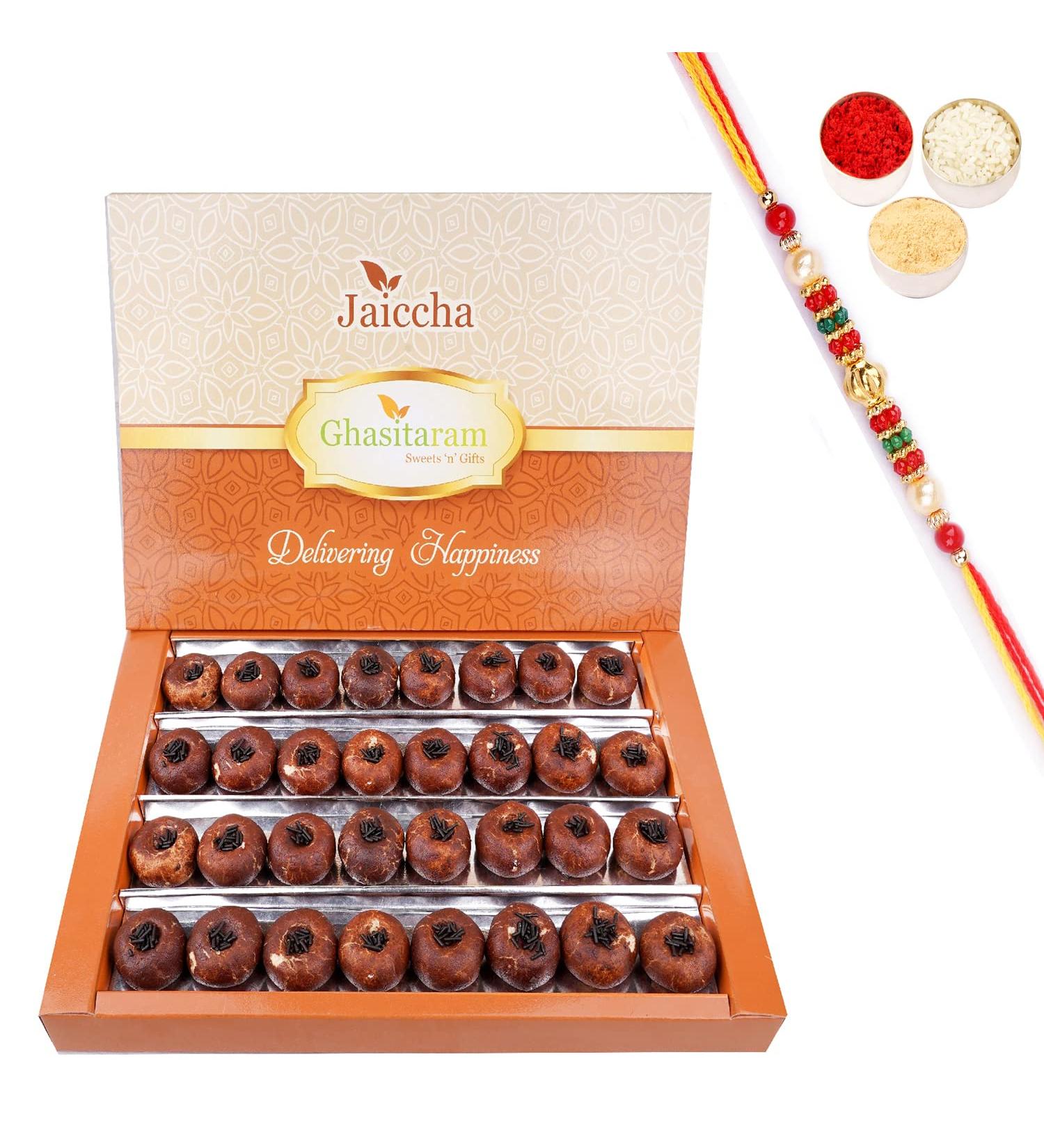 Jaiccha Ghasitaram Rakhi Gifts for Brothers Chocolate Mawa Peda 800 GMS with Beads Rakhi - Buy Online on GoSupps.com