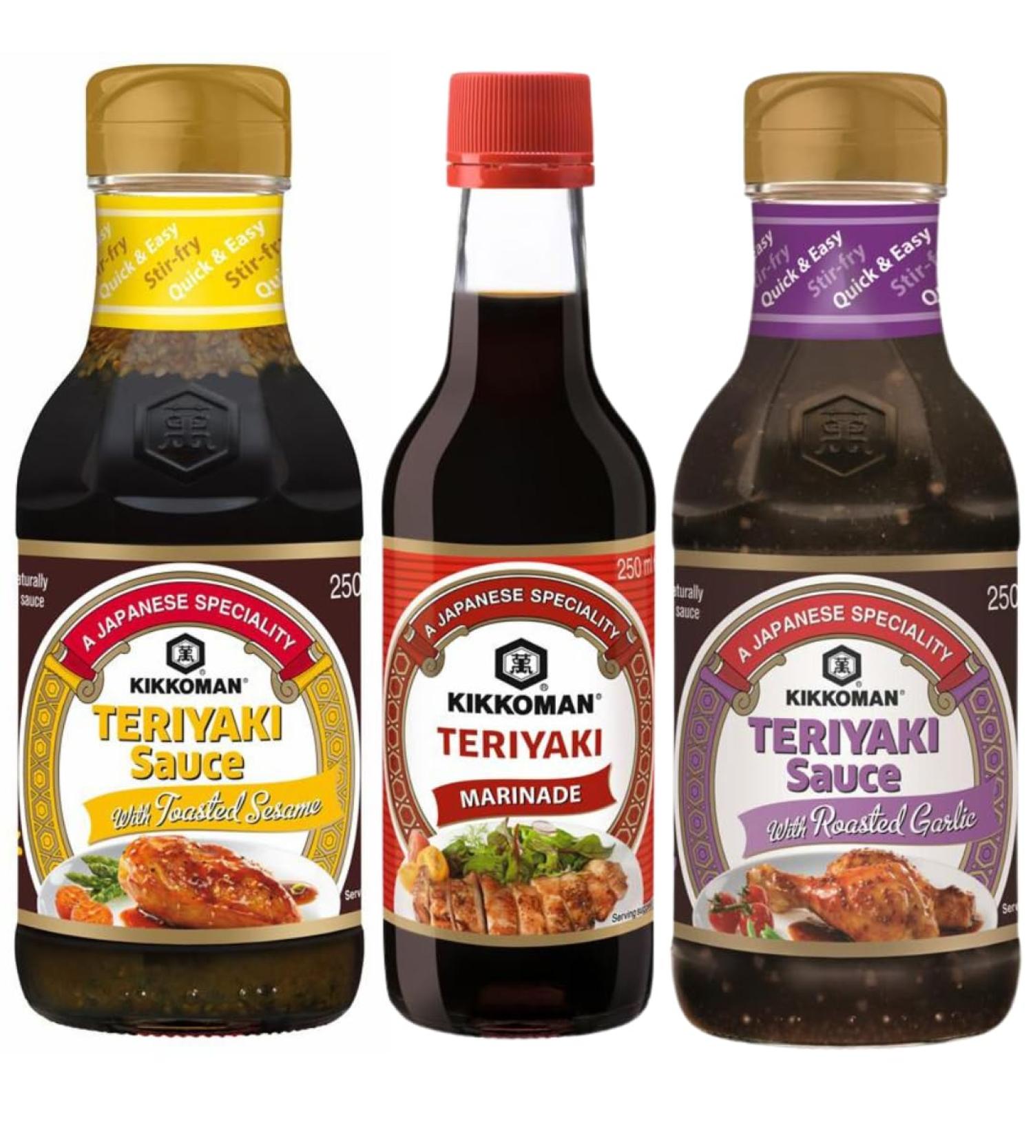 Kikkoman Teriyaki Marinade 250ml With Teriyaki Roasted Garlic Sauce 250ml & Teriyaki Sauce with Toasted Sesame 250ml (3 Pack Mixed Bundle) - Buy Online on GoSupps.com
