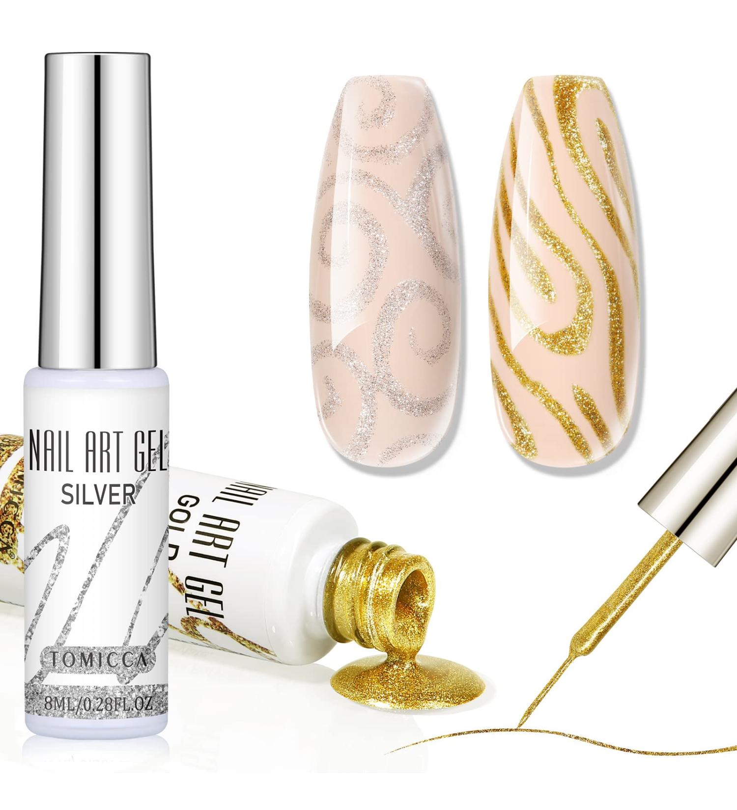 TOMICCA Gel Nail Polish Set - Gold & Silver Liner Gel for French Manicure | Soak Off UV LED Polish for Nail Art | Swirl Nails Starter Kit - D-Gold Silver - Buy Online on GoSupps.com