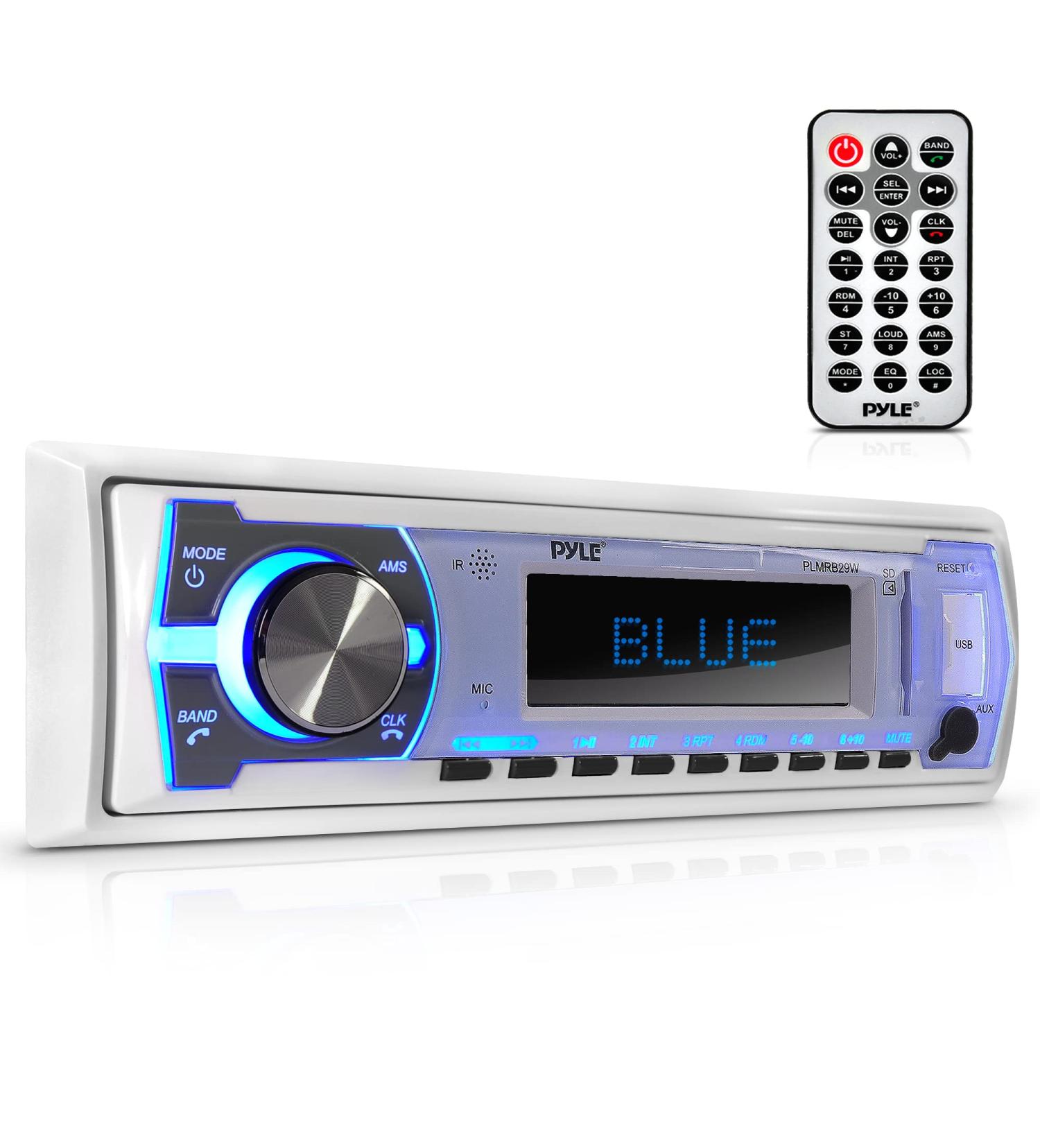 Pyle Marine Bluetooth Stereo Radio - 12v Single DIN Boat Receiver with Mic, LCD Display, RCA, MP3, USB, SD, AM FM Radio, Remote Control - White - Buy Online on GoSupps.com