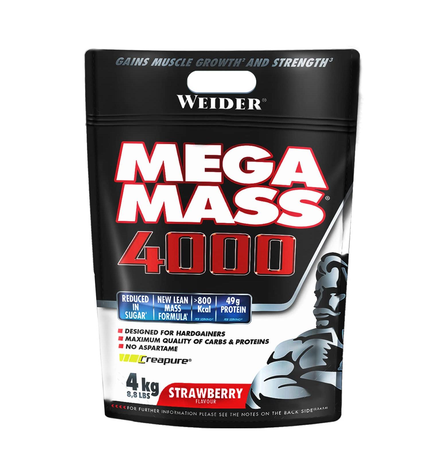 Weider Mega Mass 4000 Strawberry Flavor Protein Blend for Mass Gain with 3 Proteins (Milk Whey Egg White) and Creatine. Low in Sugars. 4kg - Buy Online on GoSupps.com