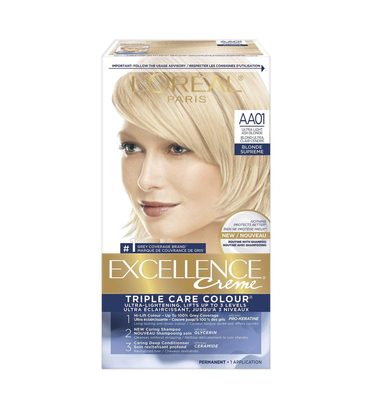 L Or al Paris Excellence Cr me Permanent Hair Color AA01 Ultra Light Ash Blonde 100% Grey Coverage Hair Dye 1 EA (Packaging May Vary) Aa01 Ultra Light Ash Blonde Cream formula - Buy Online on GoSupps.com