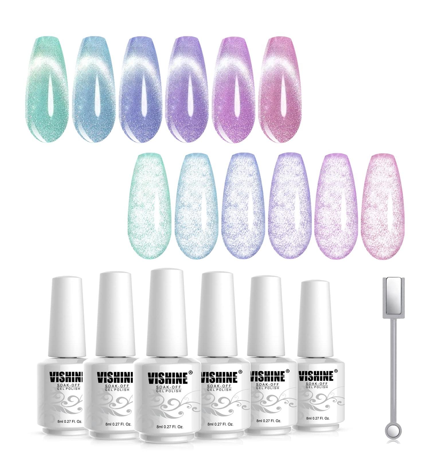 Vishine Cat Eye Holographic Glitter Gel Nail Polish Set Soak Off UV LED Light Starry Sky Effect Magic Gel Nail Polish Kit Manicure Nail Art Kit 6 Colors with Free Magnet 8ml 6 Color Set - 8ml - Buy Online on GoSupps.com