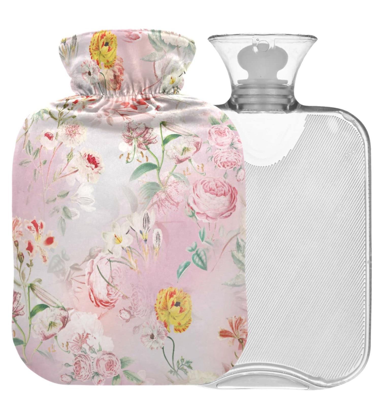 Naanle 2L Hot Water Bottle with Pink Flower Cover | Large Pain Relief & Warmth for Back Hands & Feet | Transparent Design for Cold Therapy - Buy Online on GoSupps.com