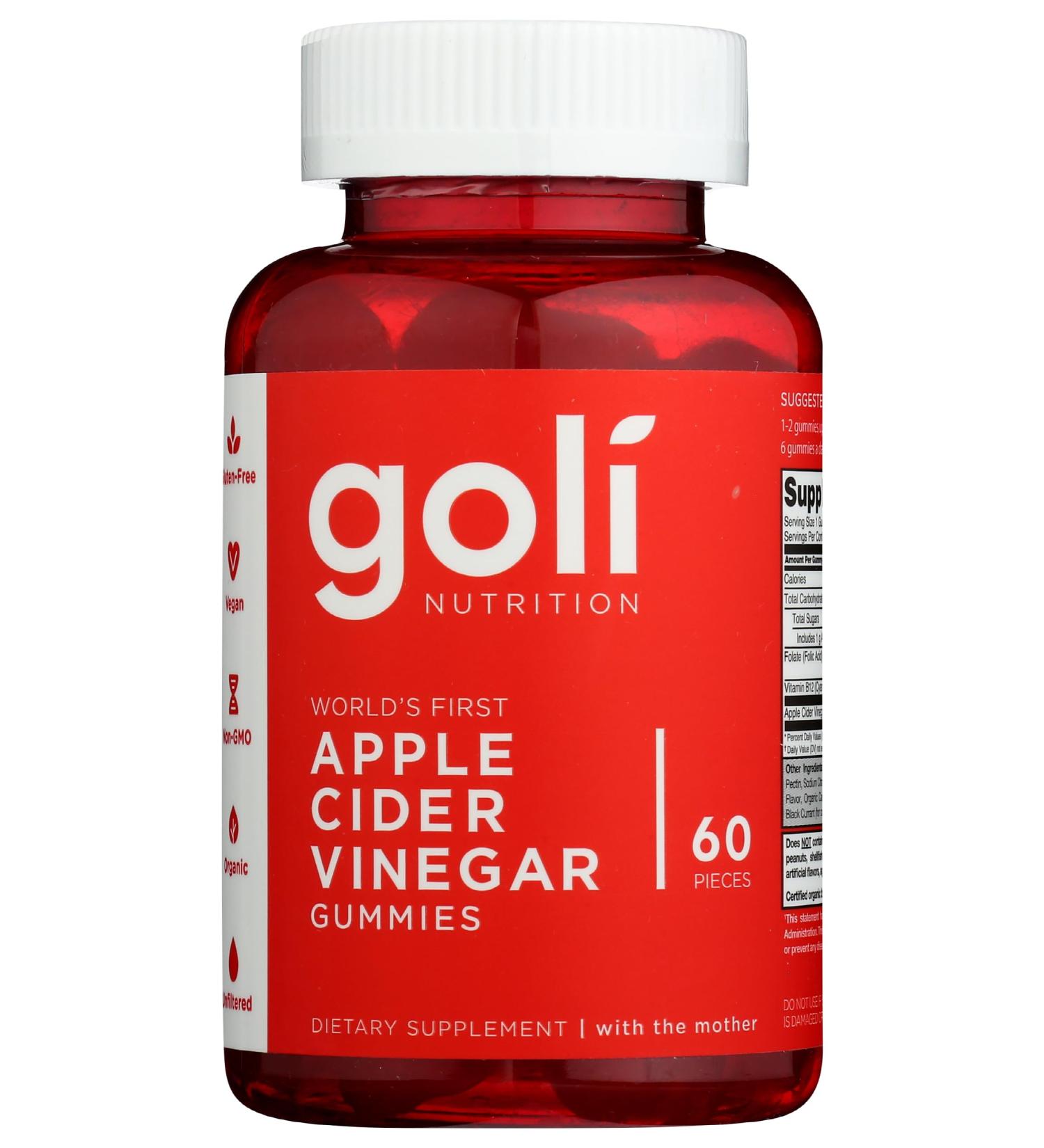 Goli Apple Cider Vinegar Gummy Vitamins - 60 Count - Vitamin B12 Gelatin-Free Gluten-Free Vegan & Non-GMO - Buy Online on GoSupps.com