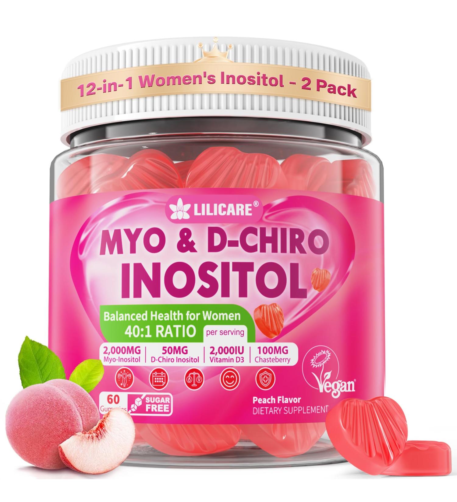 Inositol Gummies for Women + Chasteberry, Myo-Inositol & D-Chiro Inositol 2000mg + 50mg Ideal 40:1 Ratio with Methylated B12 & Folate, Choline, Magnesium, Vitamin D3 for Overall Health, Pack of 2 60 Count (Pack of 2) - Buy Online on GoSupps.com