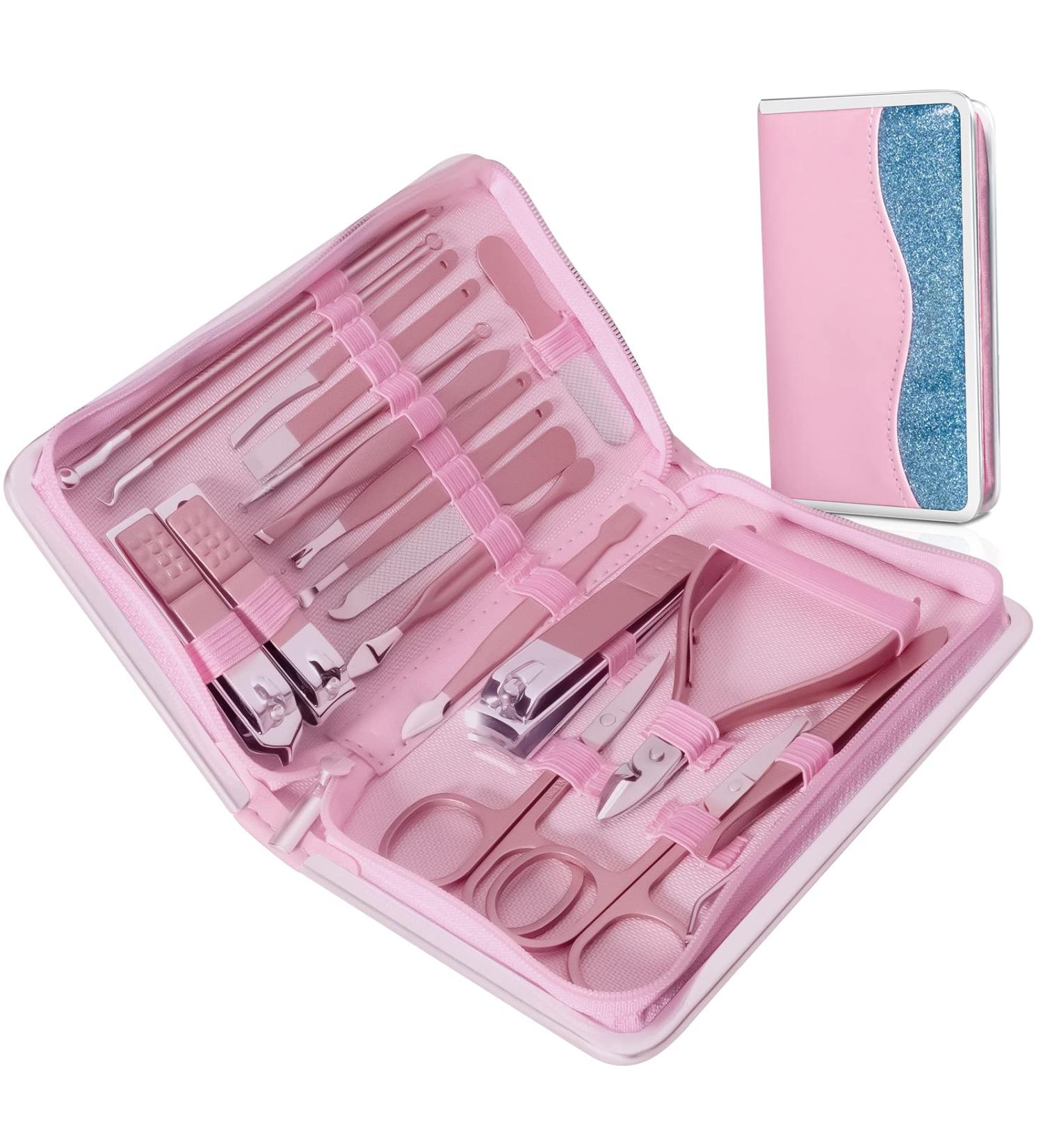 Professional 20-Piece Andrea Manicure Set with Nail Clippers and Scissors in Leather Bag - Pink - Buy Online on GoSupps.com
