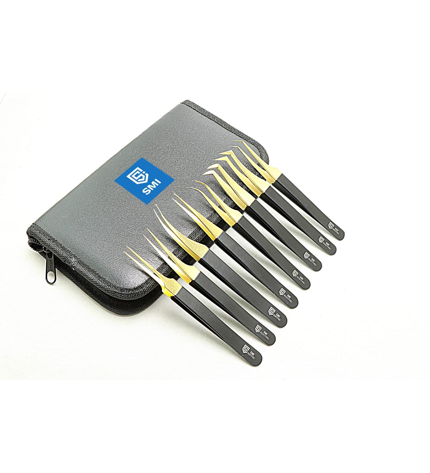 SMI 8-Piece Eyelash Tweezers Set - Stainless Steel Pointed & Bent Eyelash Extensions Tools for 3D 6D Volume Lashes - Includes Stylish Case - Gold & Black - Buy Online on GoSupps.com