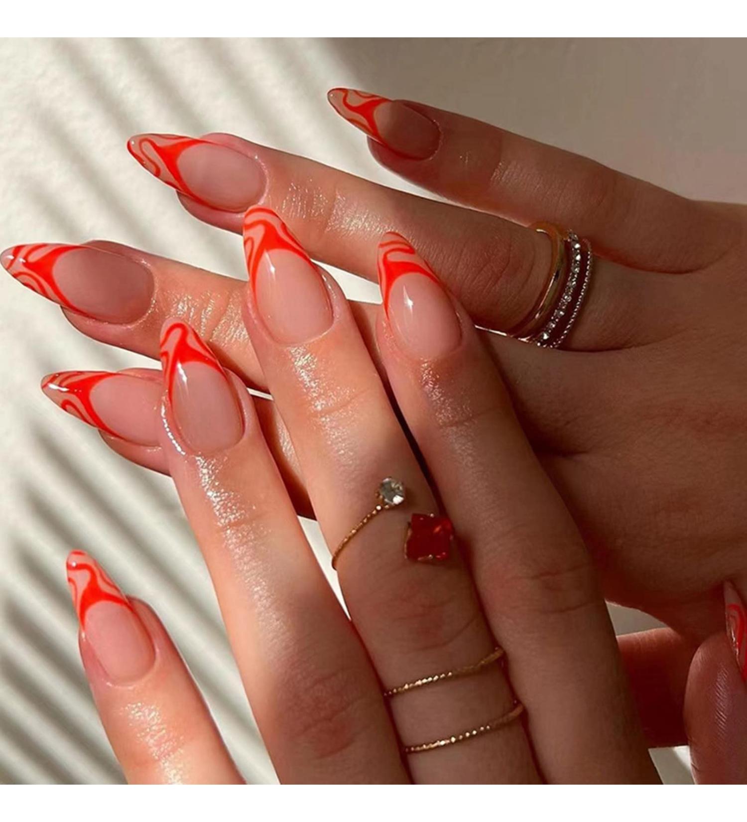 Justotry 24 Pcs Short Dark Orange French Stiletto Press on Nails with Glue - Almond Fake Nails for Women - Buy Online on GoSupps.com
