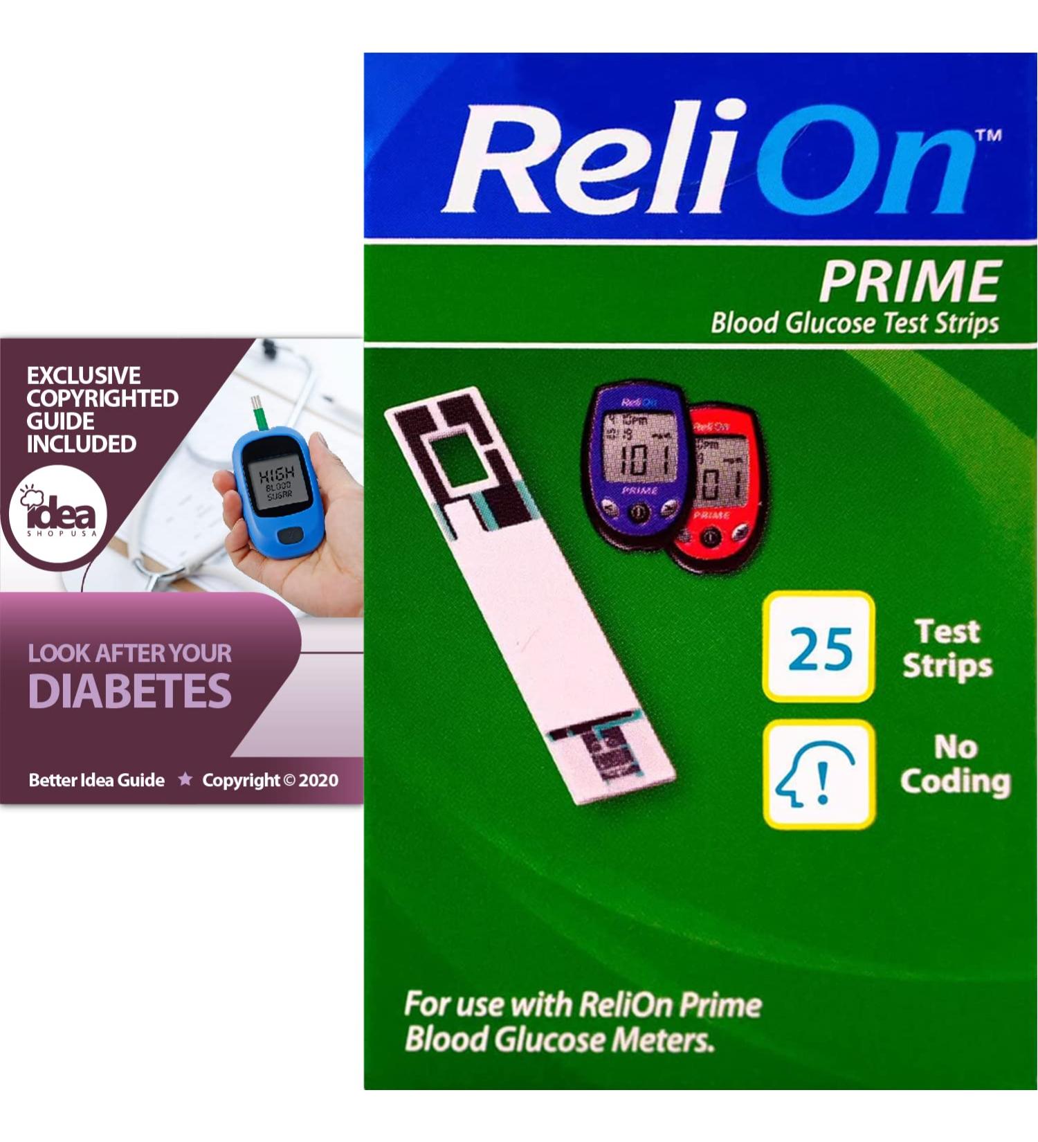 ReliOn Prime Blood Glucose Test Strips 25 Ct Bundle with Diabetes Care Guide - 2 Item Set - Buy Online on GoSupps.com