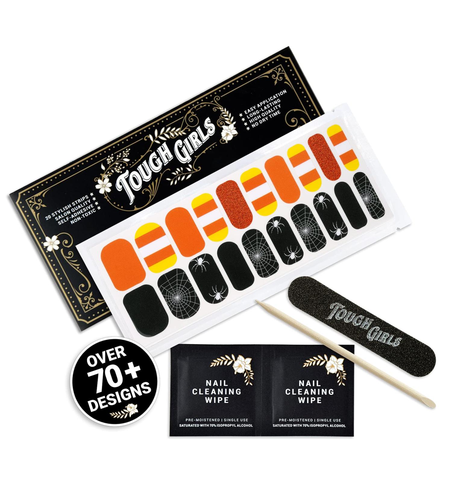Tough Girls Nail Polish Strips - 20 Stylish Candy Corn and Spiders Designs - Includes Cuticle Stick, Nail File, and Wipes - Brighter, Thicker, Tougher - Buy Online on GoSupps.com