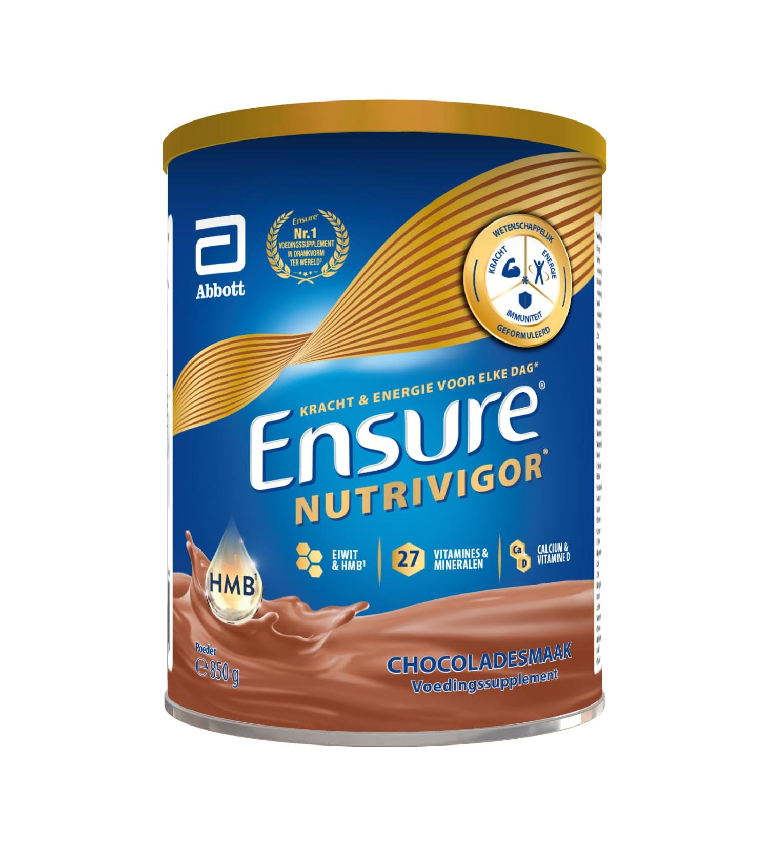 Abbott BV Ensure Nutrivigor 850g Chocolate Food supplement for adults Highquality proteins HMB 27 multivitamins and minerals including vitamin C vitamin D magnesium and zinc - Buy Online on GoSupps.com