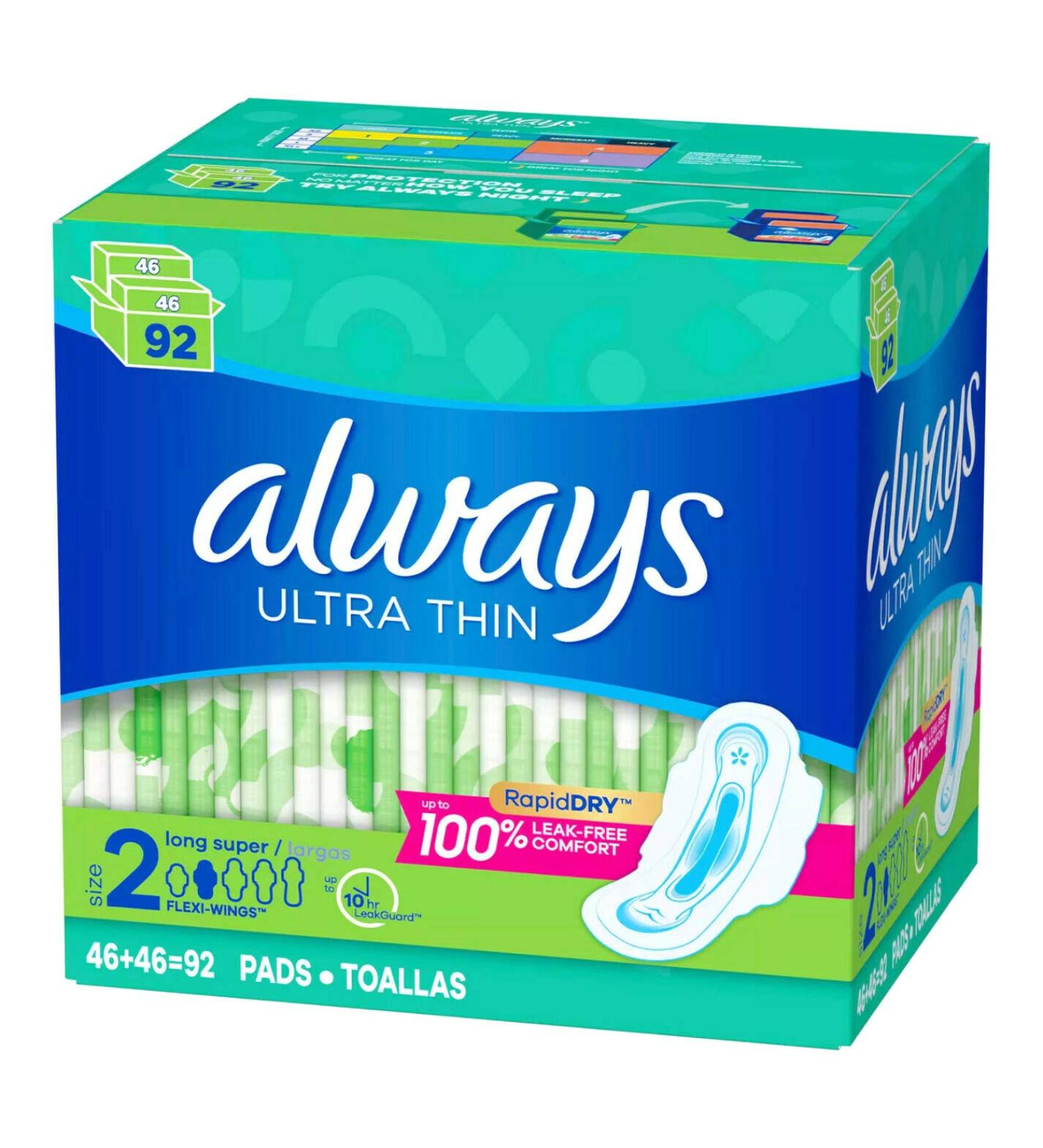 Always Ultra Thin Pads Size 2 Super Long Absorbency Unscented with Wings - 92 ct - Buy Online on GoSupps.com