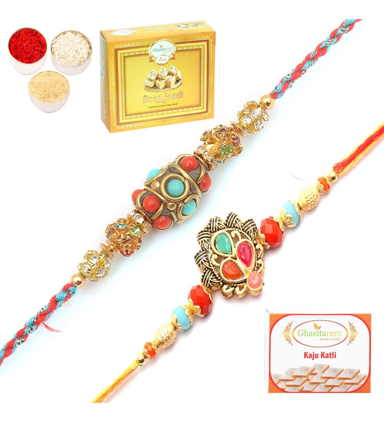 Ghasitaram Gifts Rakhi for Brother Rakhis Online - Set of 2 Beautiful Colours and Blue Ethnic Premium Rakhis with 200 GMS of Kaju katli and 200 GMS of Soan Papdi - Buy Online on GoSupps.com