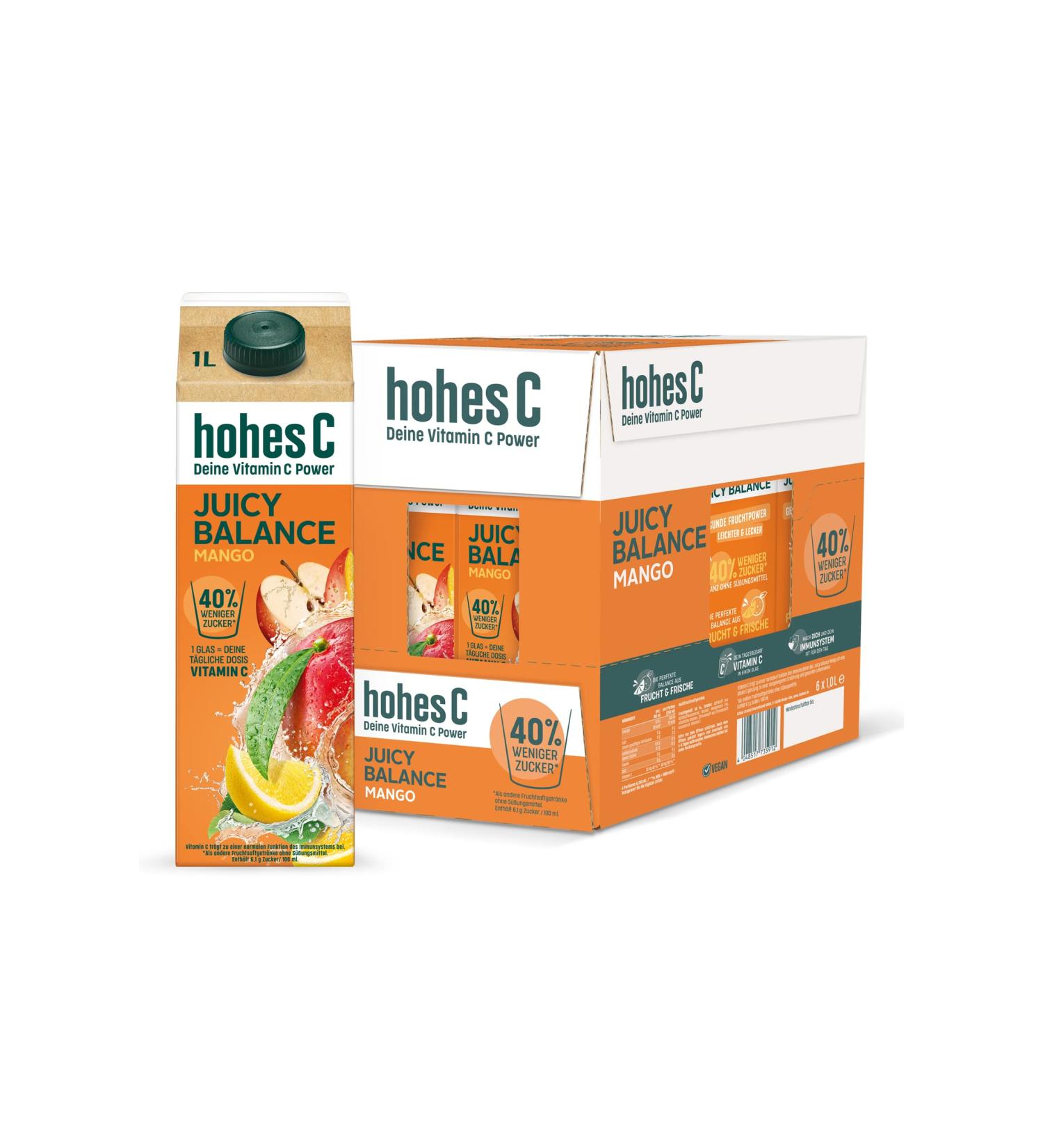 High C Juicy Balance Mango Juice - Less Sugar Vitamin C Vegan 100% Recyclable Pack (6 x 1L) - Buy Now for International Shipping! - Buy Online on GoSupps.com