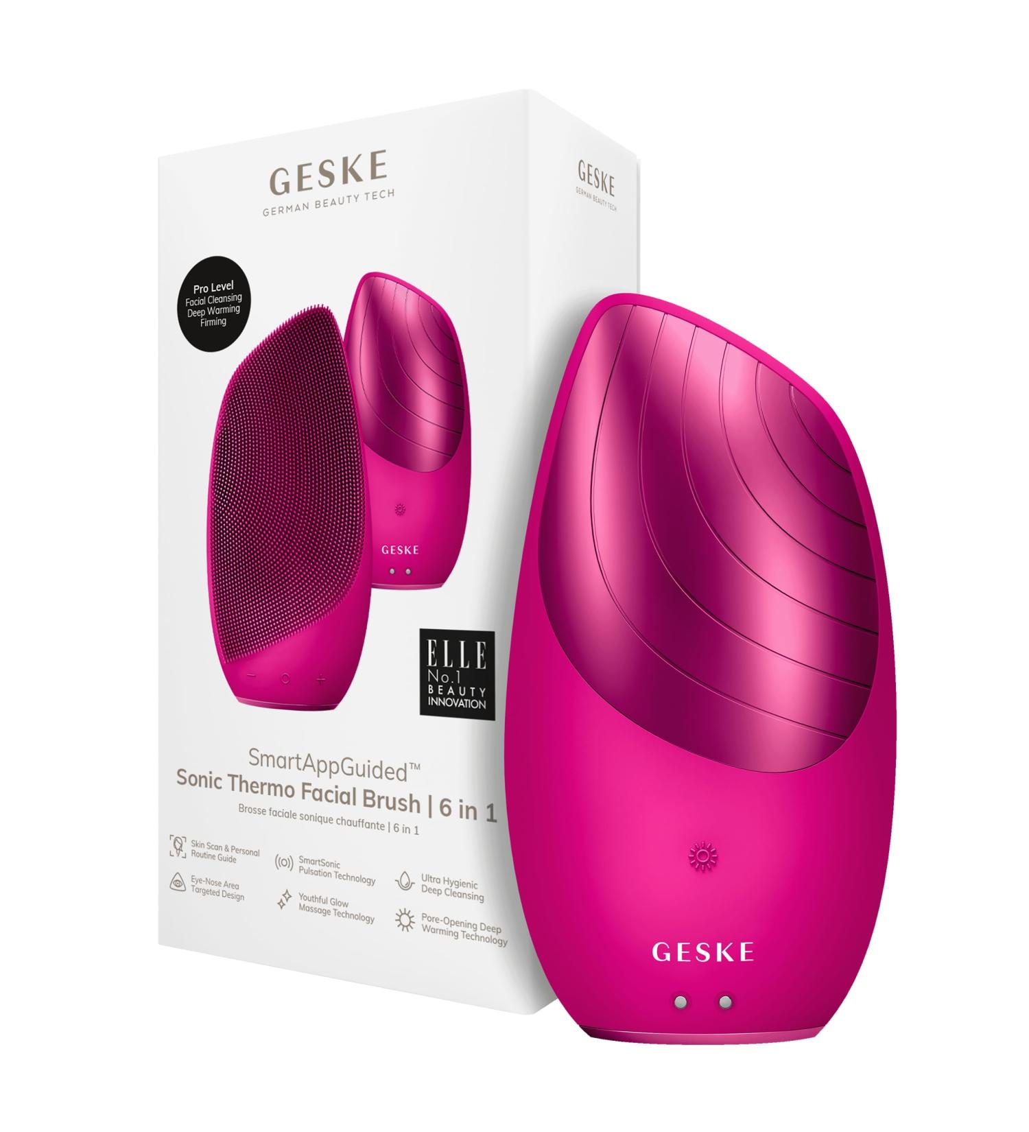 Geske SmartApappguided Sonic Thermo Facial Brush | 6-in-1 Face Cleaning & Massage Device | Heated Electric Brush for Radiant Skin - Magenta - Buy Online on GoSupps.com