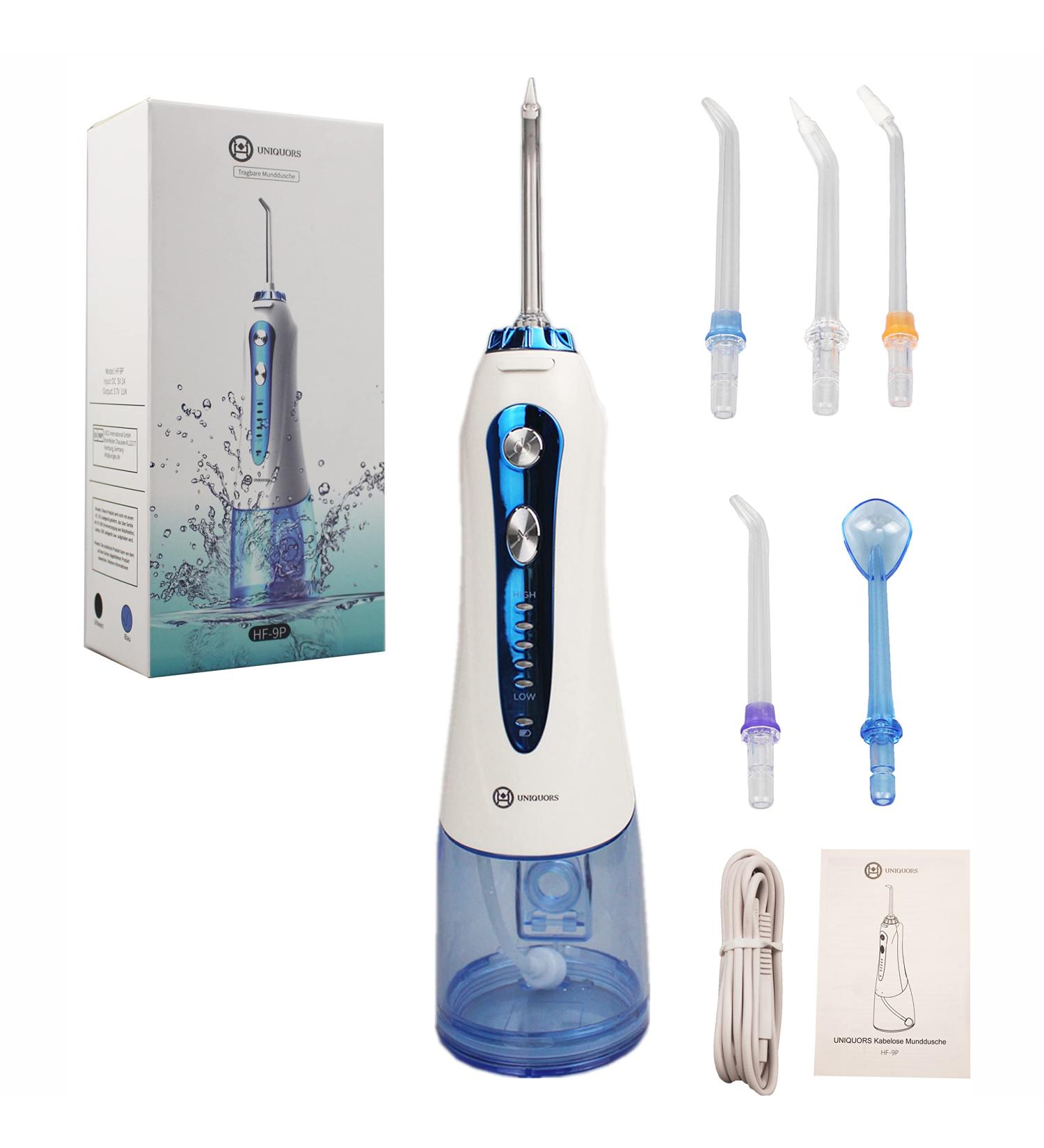 Uniquors Wireless Electric Mouth Shower - 5 Modes 5 Nozzles IPX7 Waterproof USB Charging - Tooth Cleaning & Interdental Care (Blue/White) - Buy Online on GoSupps.com